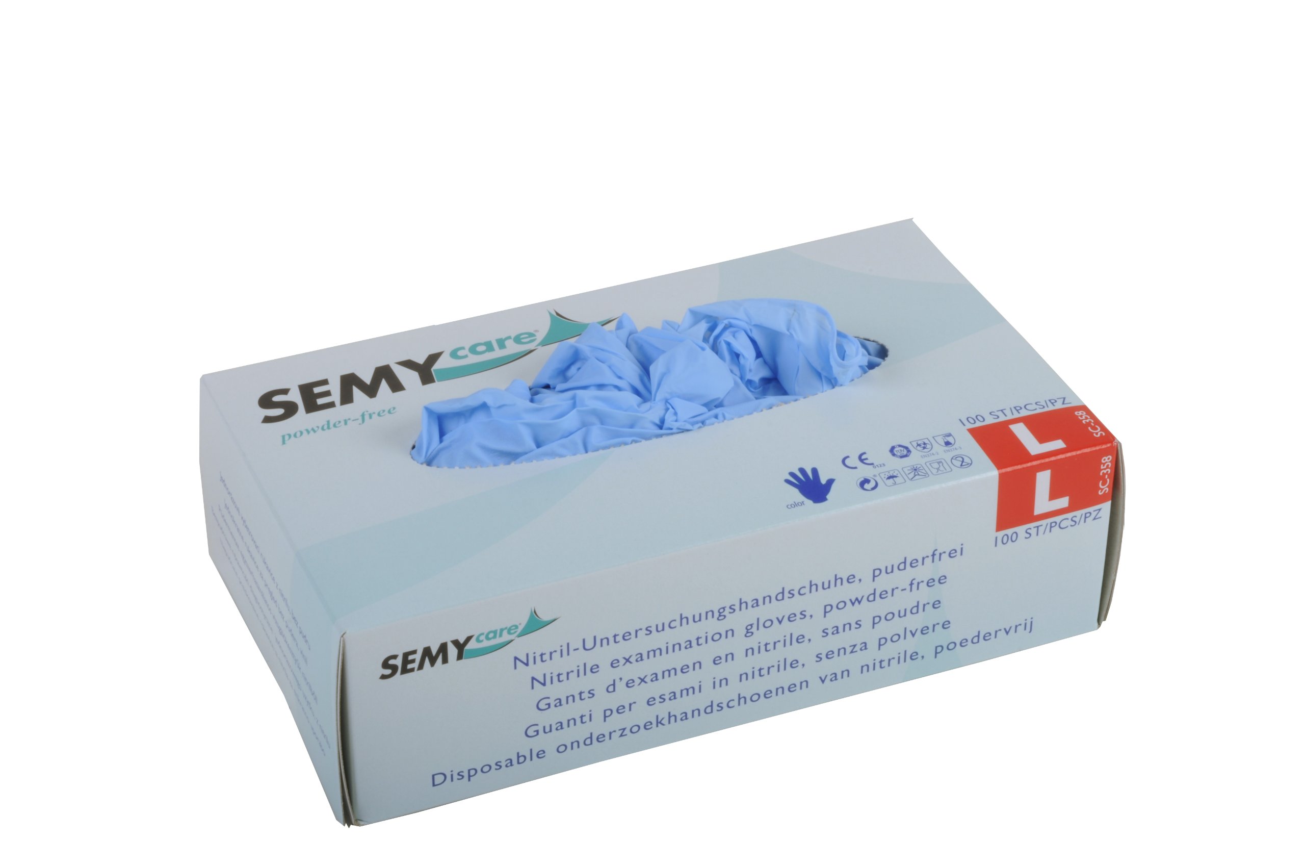 Semy Care - Guantes de nitrilo sin polvo (talla L, AQL 1,5, 1 paquete de 100 guantes), color azul