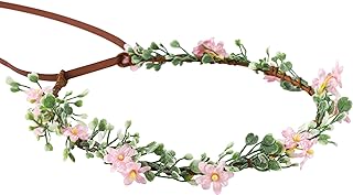 Handmade Pink Flower Crown Girls Hair Wreath Bridal Flower Headband Green leaf Headpiece Floral Hair Accessories for Weeding Birthday Party Cosplay