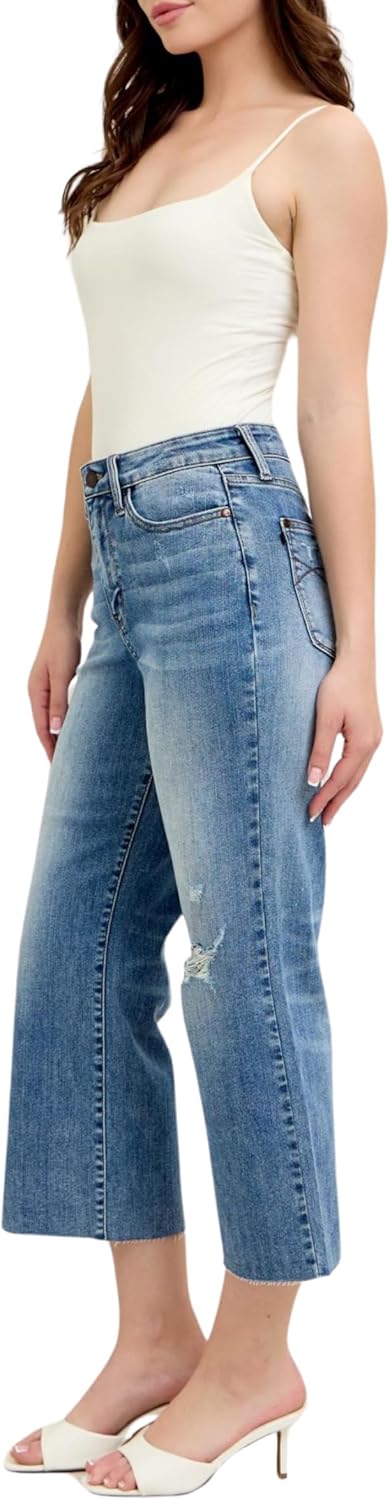 Judy Blue High Waist Back Pocket Embroidery Raw Cut Hem Crop Wide 88475 - Image 4