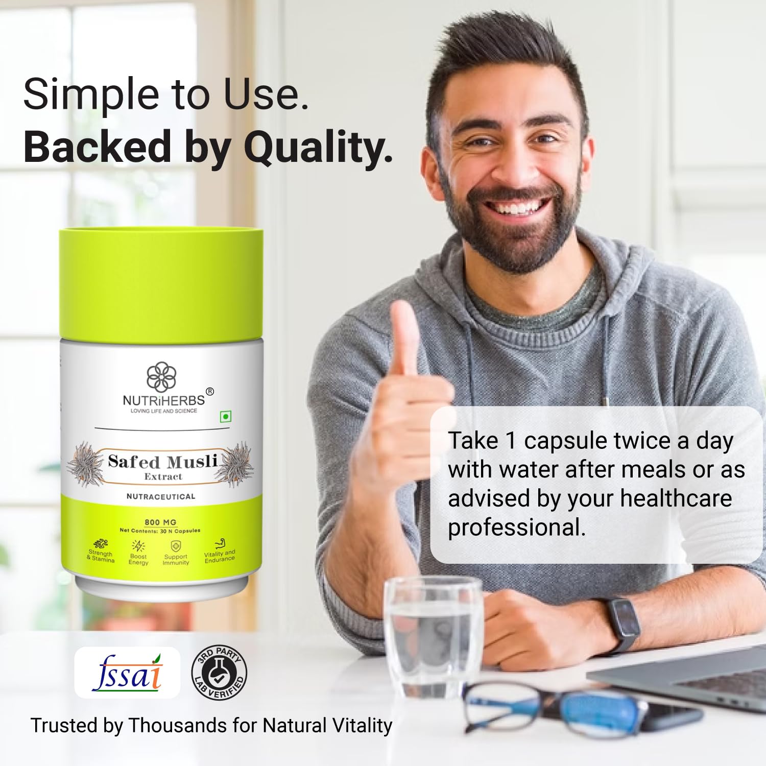 NUTRI HERBS Safed Musli Extract Capsules 800mg – Supplement for Men's Muscle Strength, Stamina, Energy, and Immunity – Organic Safed Musli Root (30 Capsules) — Amazon image 7