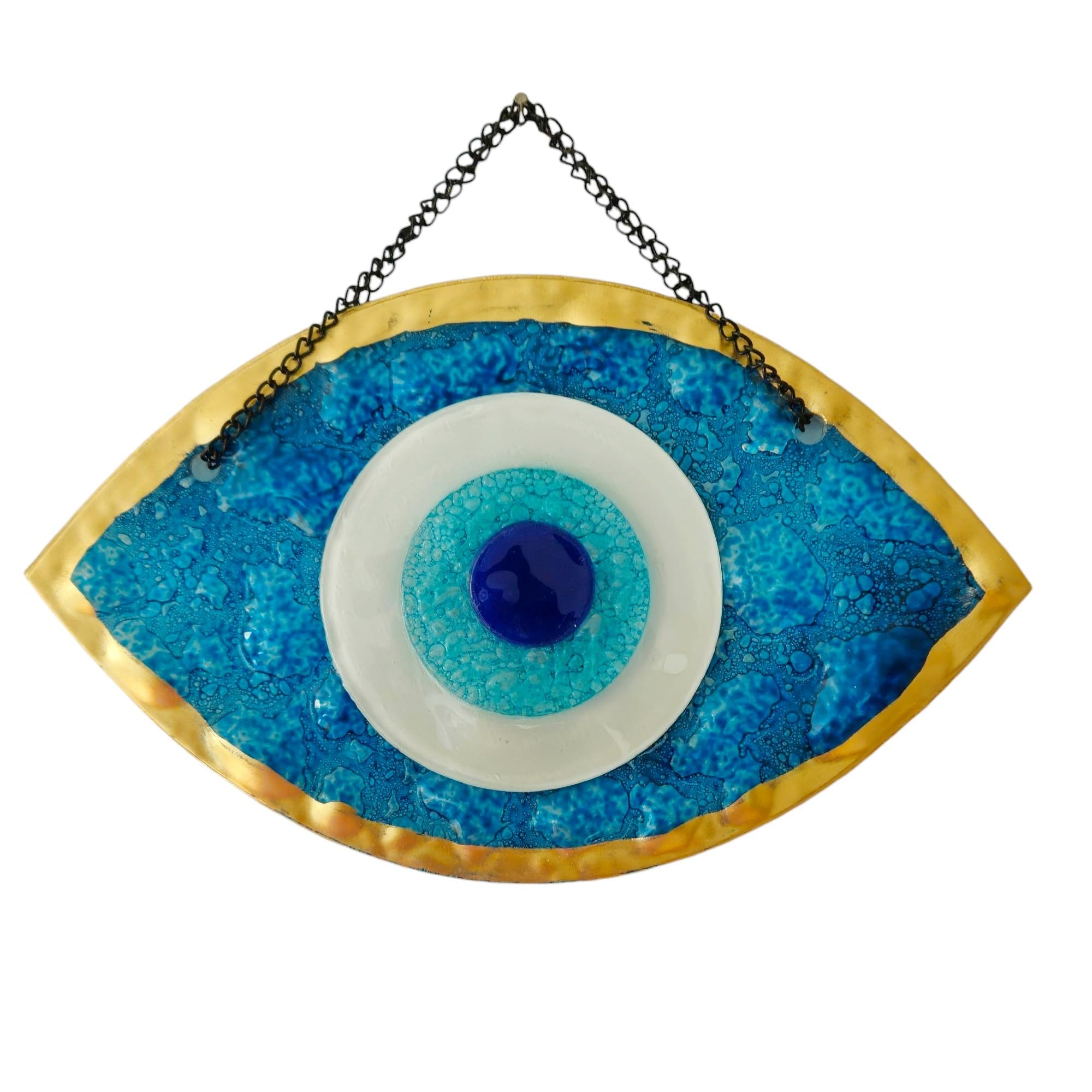 MYSTIC JEWELS - Decorative Turkish Eye Ornament, Blue and White Glass, Lucky Amulet Frame in Gold, 3 Sizes (Large)