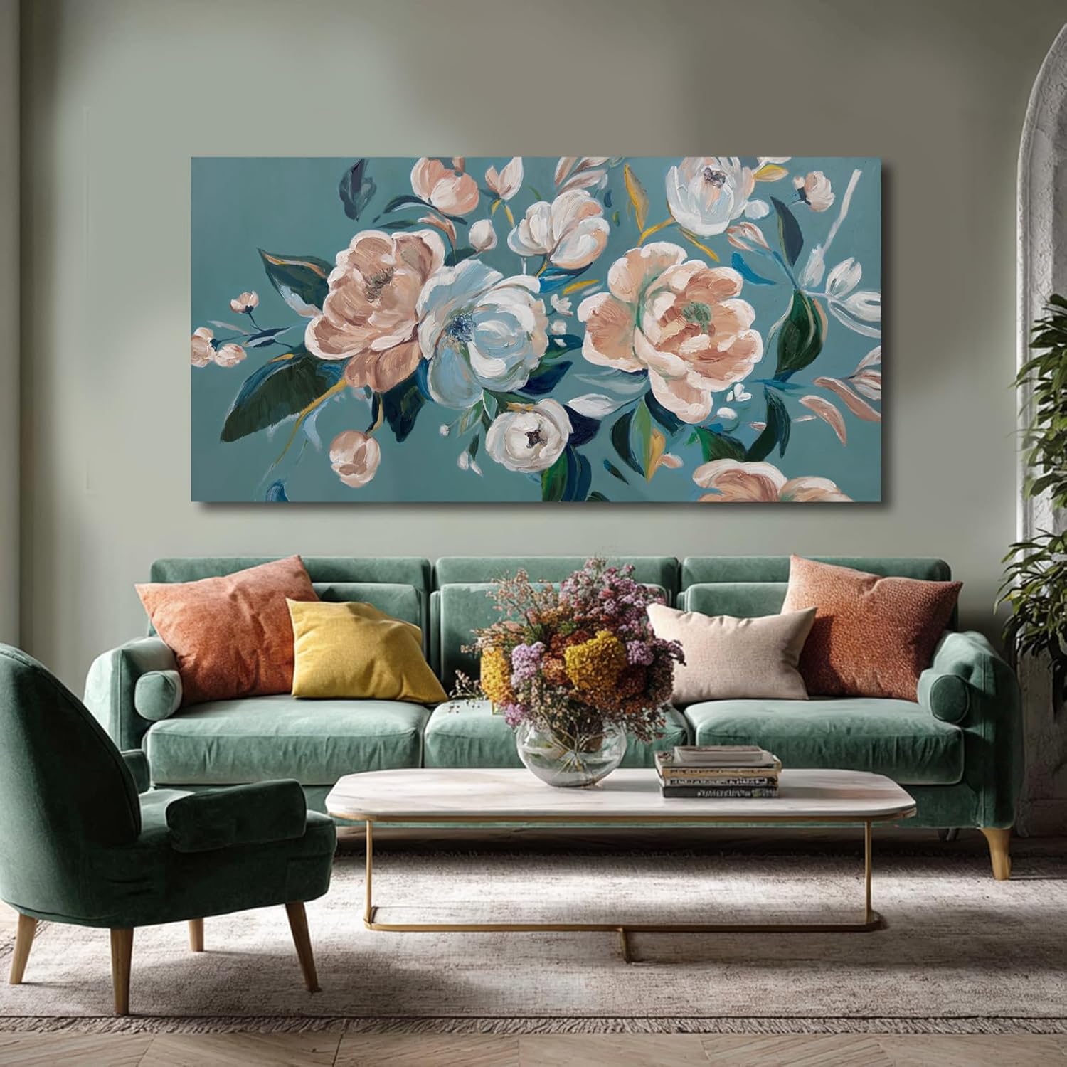 WINKAILIN Large Flower Wall Art White and Green Picture Artwork Botanical Posters White Pink Home Decoration For Living room Office Bedroom kitchen 29x58 inch