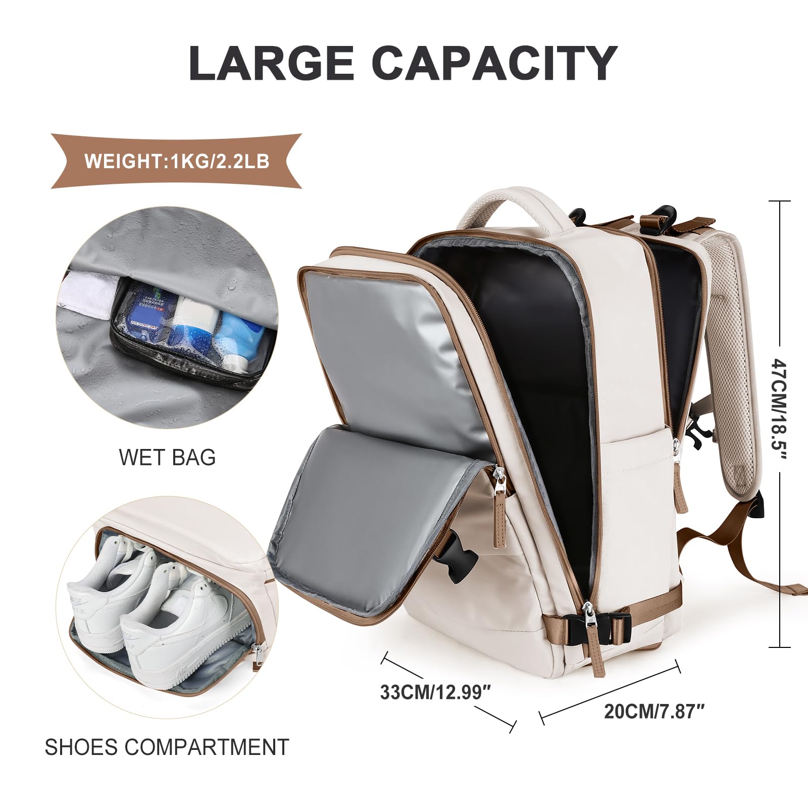 SZLX Zaino da viaggio grande da donna da escursionismo sportivo da esterno impermeabile da scuola casual laptop da 14 pollici con porta di ricarica USB scomparto per scarpe