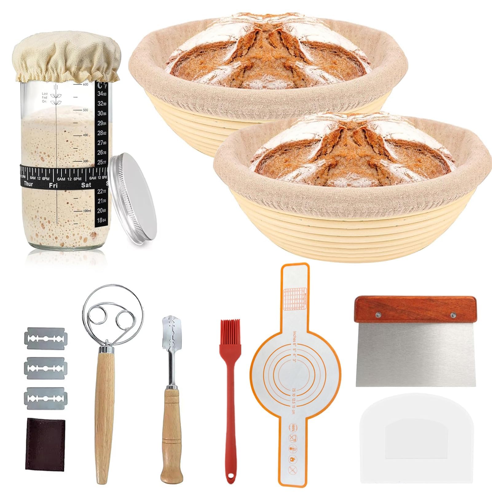 Kit de démarrage au levain avec panier grille-pain naturel, 2 paniers de fermentation et 750 ml pâte aigre