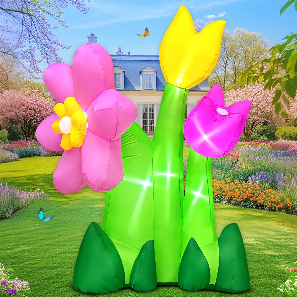 Photo 1 of 6FT Spring Easter Inflatable Flowers Outdoor Decoration Inflatables 3 Flowers Blow Up Inflatable Decoration Built-in LED Lights for Spring Easter Holiday Garden Lawn Party