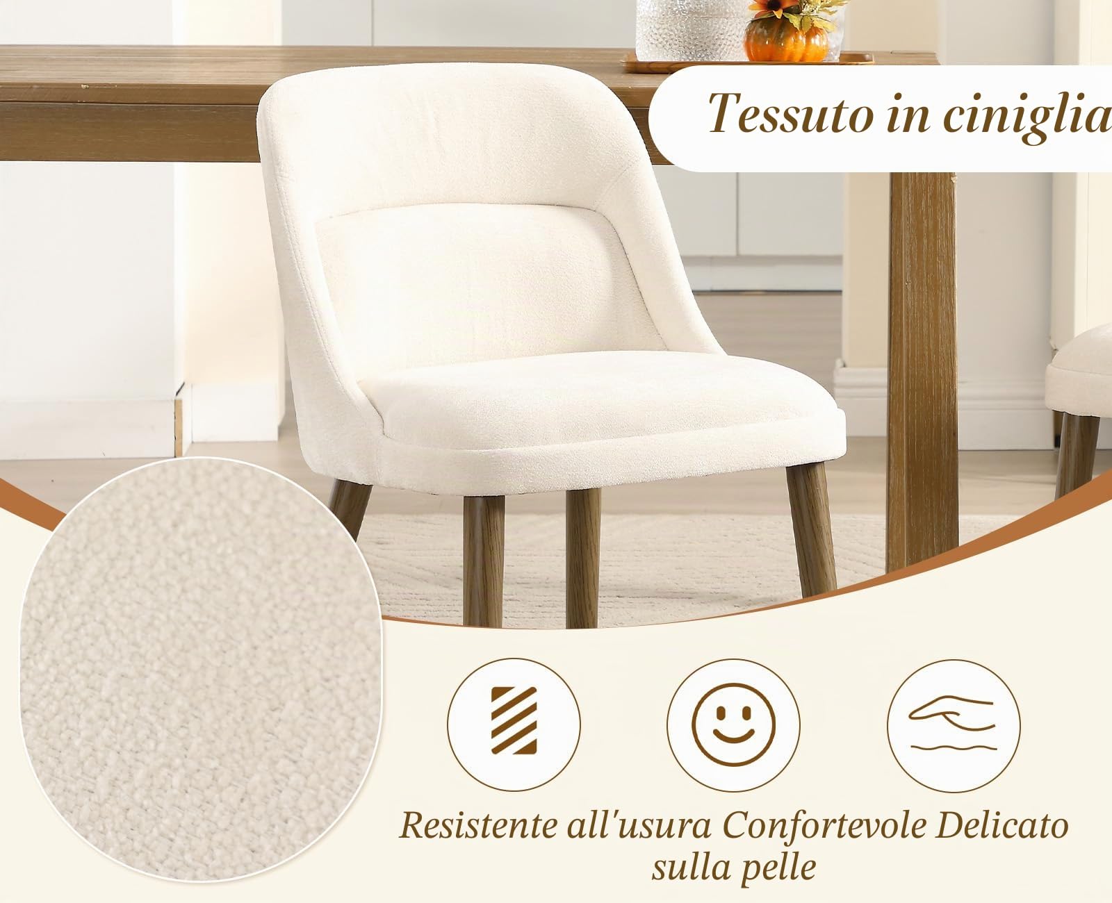 chairus Set di 2 Sedie Cucina in Tessuto con Gambe in Legno, Bianco | Sedia Imbottita con Schienale Rinforzato Sedia da Pranzo in Ciniglia per Sala da Pranzo/Soggiorno/Ristorante