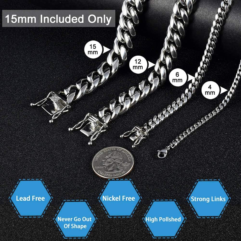 Jewelry Kingdom 1 Mens Necklace or Bracelet, Cuban Link Chain, Big and Heavy Miami Chain 15MM, High Polishing Stainless Steel Curb Chain Choker for Boys and Bikers 8-30inches - Image 3