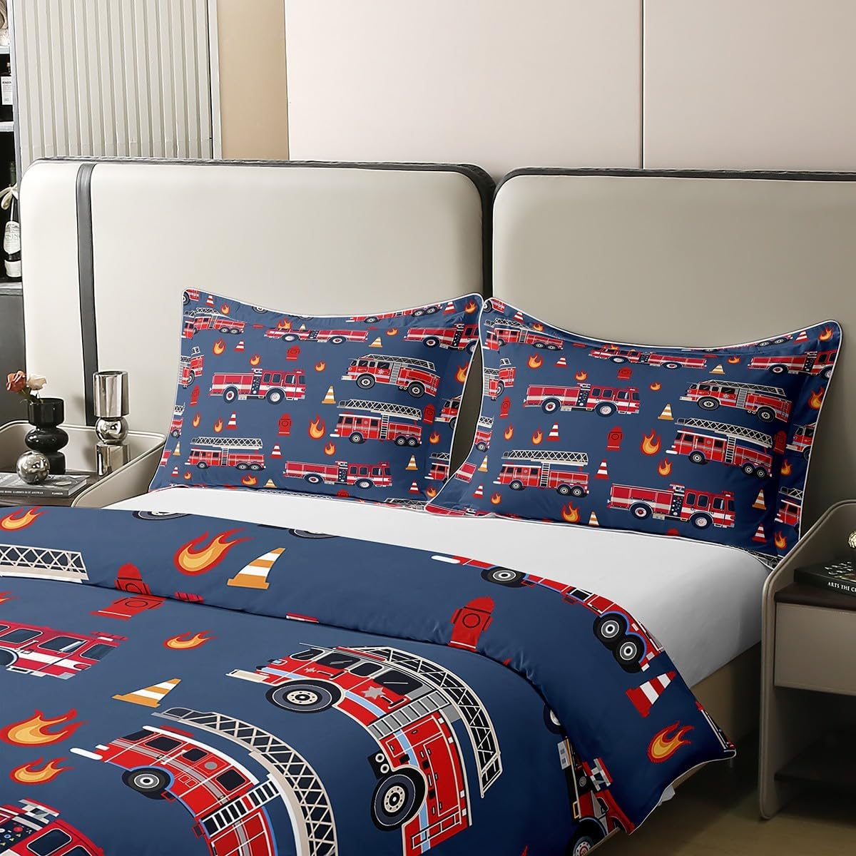100% Cotton Fire Trucks Duvet Cover Twin Size 2 Pcs Cartoon Red Trucks Decor Bedding Set for Kids Boys Girls Teens Cartoon Fire Hydrant Flame Decor Quilt Cover,1 Pillowcase(No Comforter)