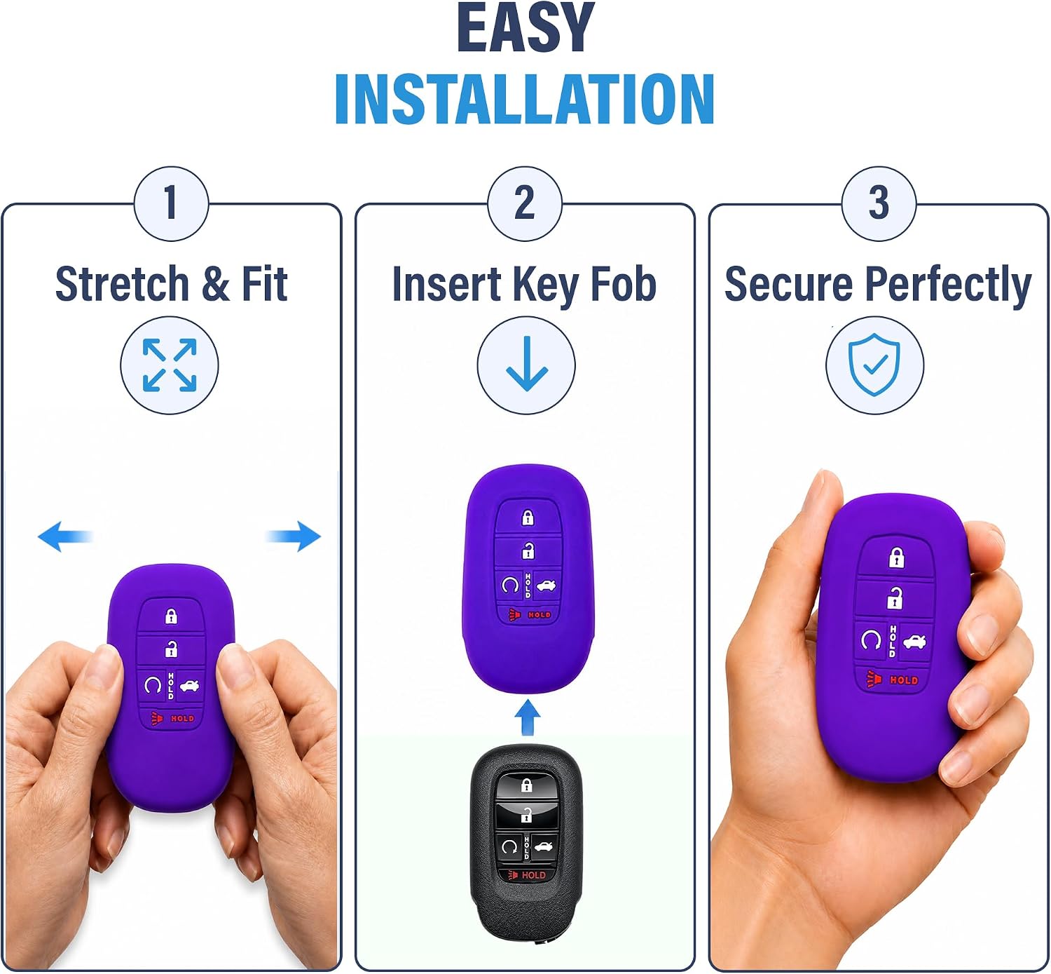 Autobase Silicone Key Fob Cover for 2022 2023 2024 2025 2026 Honda Civic Accord HR-V CR-V Sport SI EX EX-L Touring | 2026 Car Accessory | Key Protection Case - 2 Pcs (Black and Purple) image 5