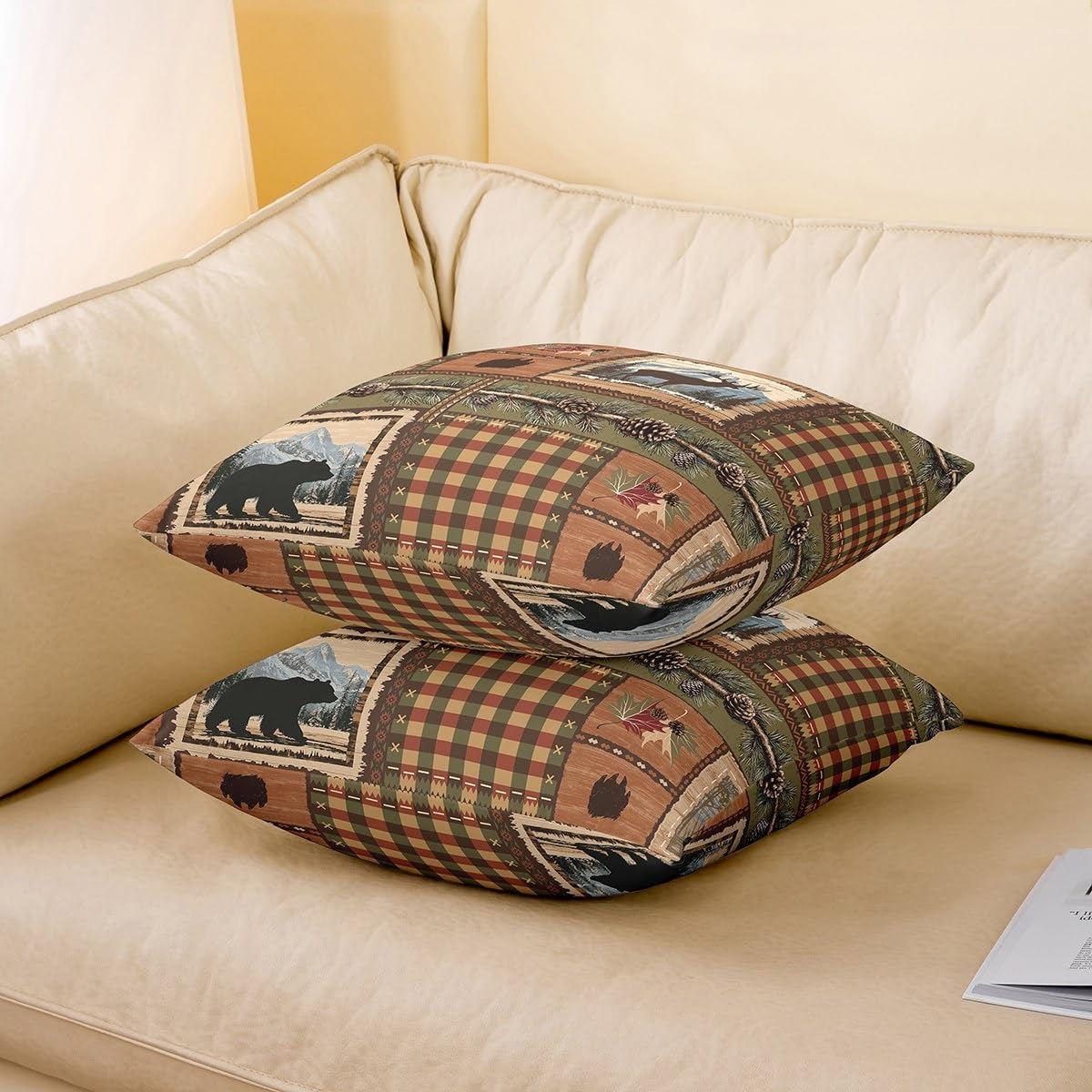 Rustic Lodge Bear Moose Deer Cushion Covers Set of 2,Countryside Hunting Theme Pillow Covers 24x24 for Men Boys,Patchwork Buffalo Plaid Throw Pillow Covers,Boho Tribal Cabin Decorative Pillow Covers