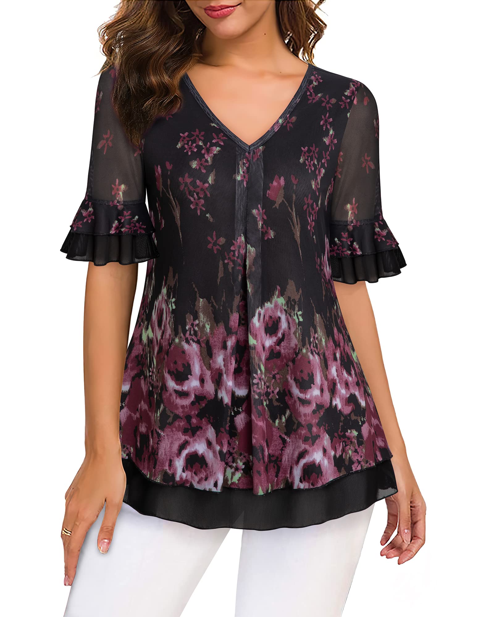 VALOLIA Women's Short Sleeve Tunic Tops Casual Loose Fit Floral Blouses Mesh Pleated Layered Shirt