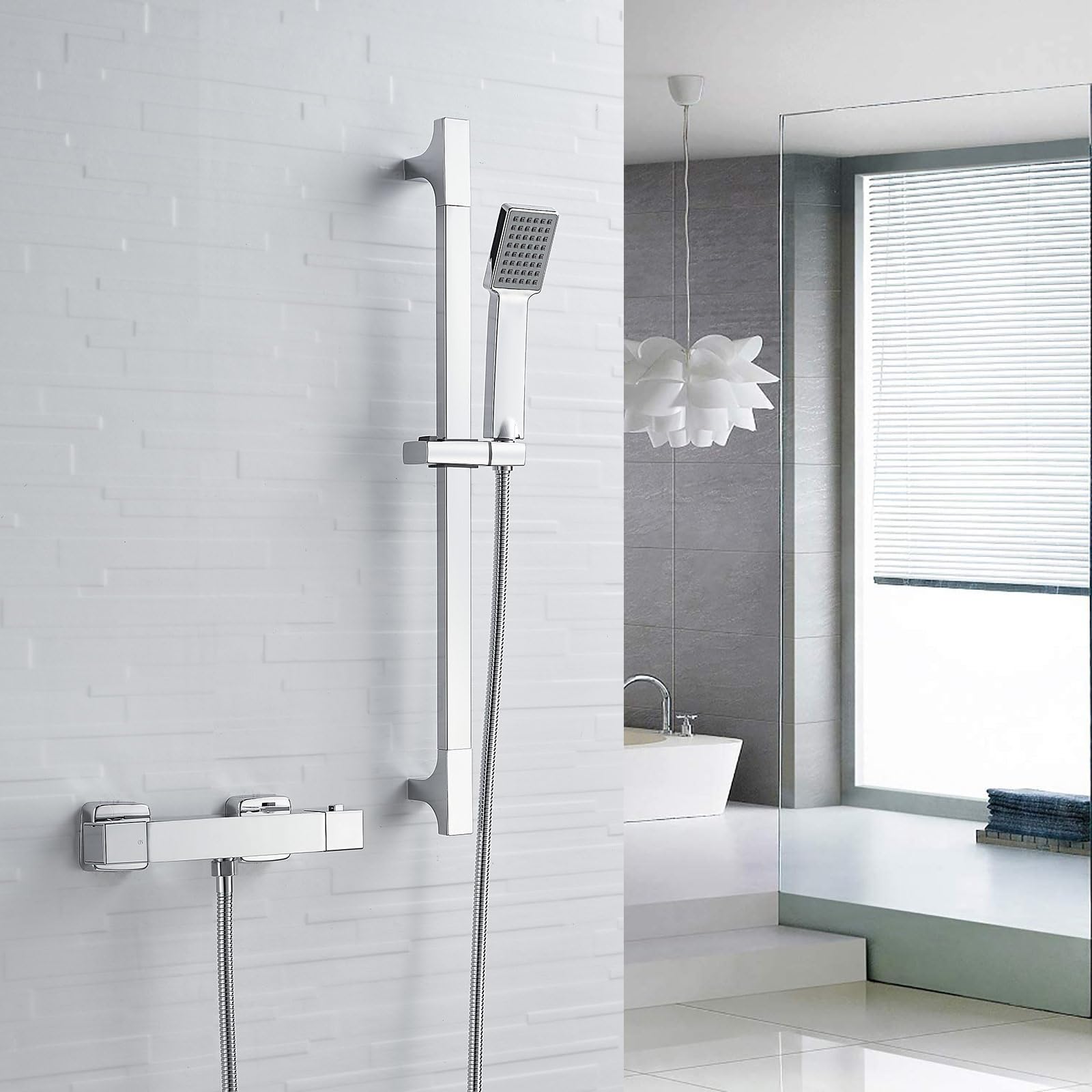Juego de mezclador termostático de ducha, válvula de ducha cuadrada con kit elevador ajustable, sistema de ducha cromado montado en la pared