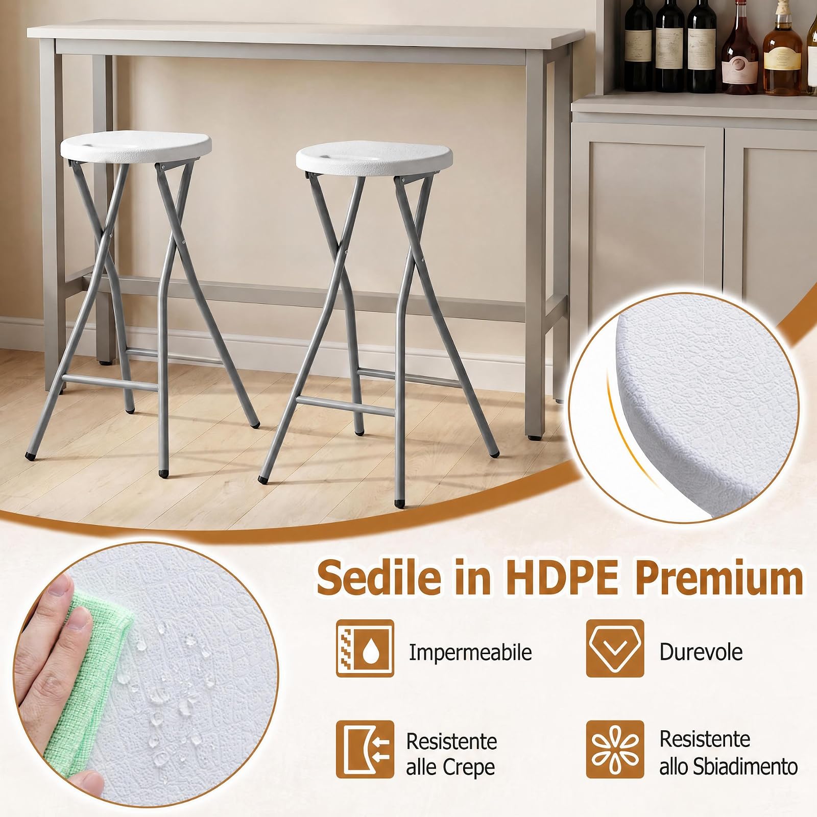 COSTWAY Sgabello Pieghevole da Campeggio in HDPE con Maniglia (Bianco,1) | Sedia Portatile con Gambe in Metallo, Sgabello Rotondo per Interno ed Esterno, per Cucina, Picnic e Pesca, Portata 150 kg