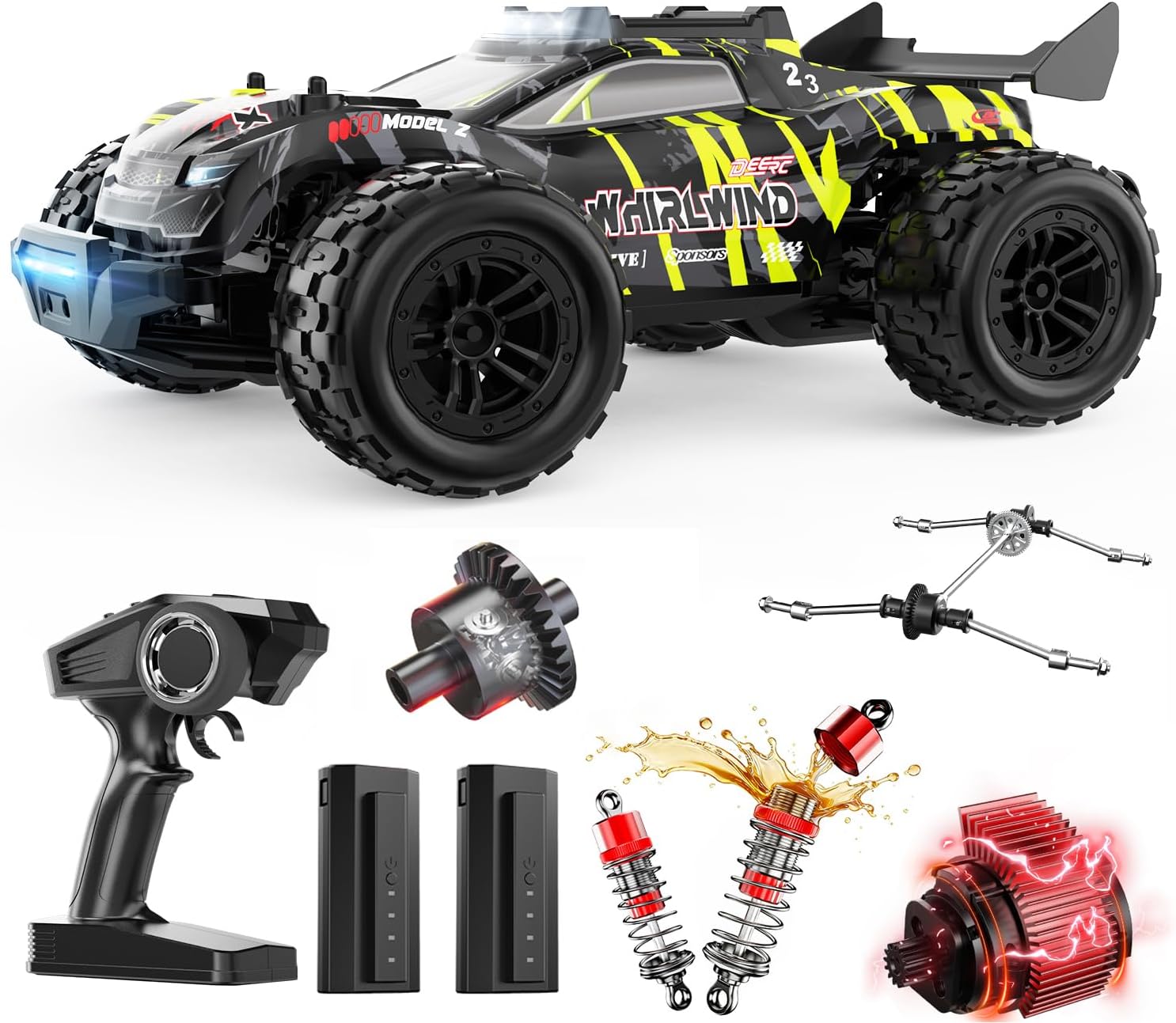 DEERC 1611 1/14 Fast Brushless RC Car for Adults, 43 MPH High Speed 4x4 Off-Road RC Truck, Waterproof Monster Truggy, All Terrain Remote Control Drift Car for Boys 8-12, 2 Batteries, 3S Lipo Compatibl