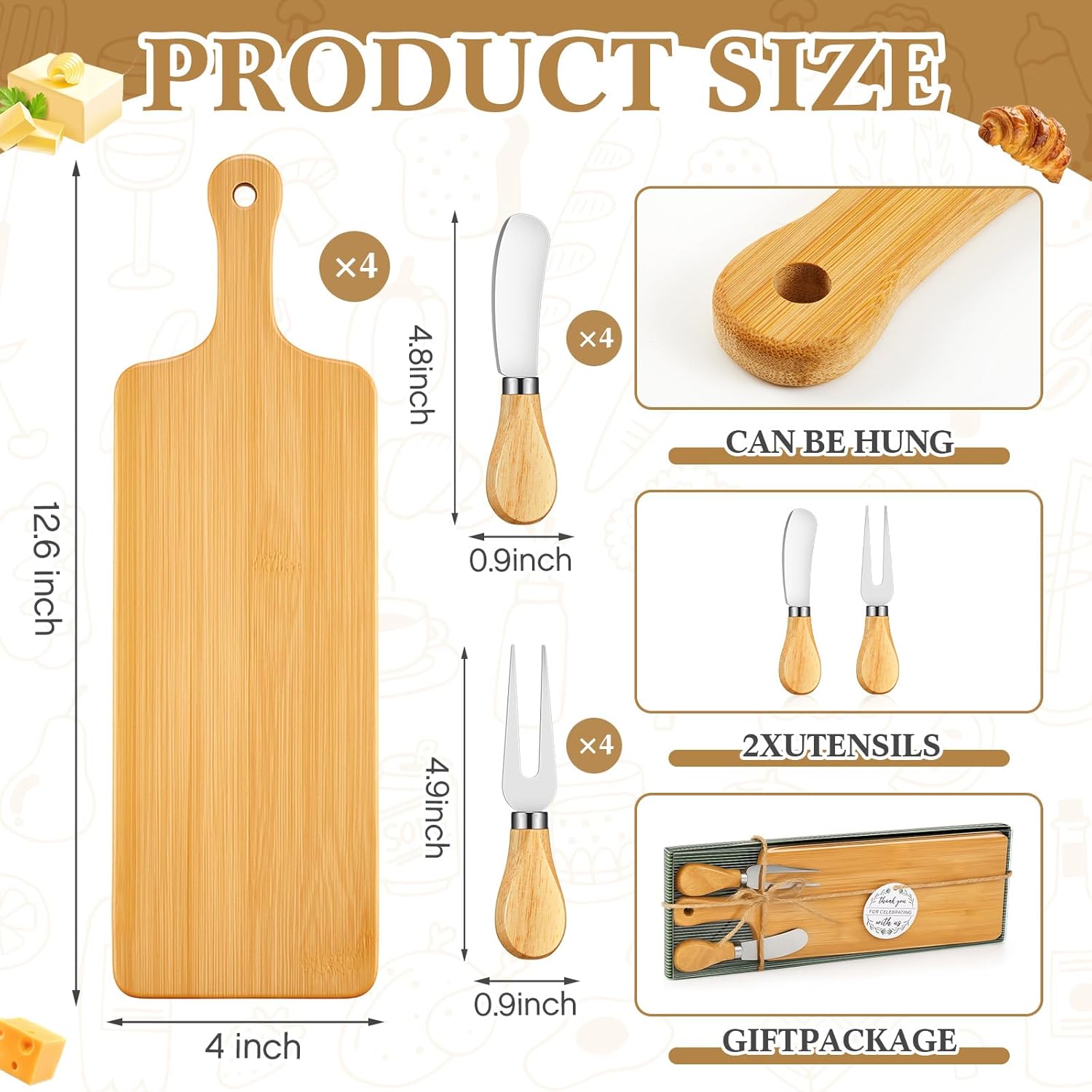 Ziliny 4 Sets Bridal Baby Shower Prizes Cheese Square Wooden Board Gift Set Knives Forks Thank You Tags with Box for Guests for Bridal Baby Shower Wedding Housewarming (Bamboo Color)