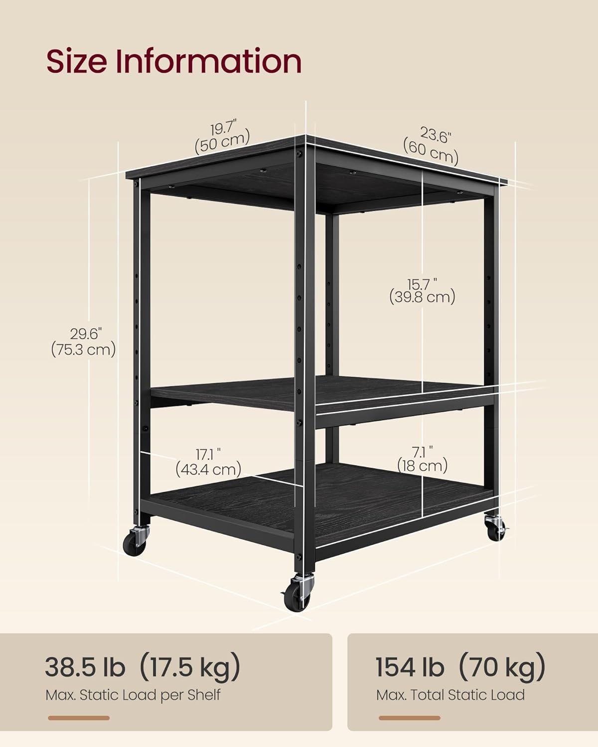 VASAGLE Printer Stand, Rolling Printer Cart, Under Desk Table, Mobile with Lockable Wheels, Steel Frame, for Home Office, Storage Shelf, 3-Tier, Ebony Black UOPS009BE01S