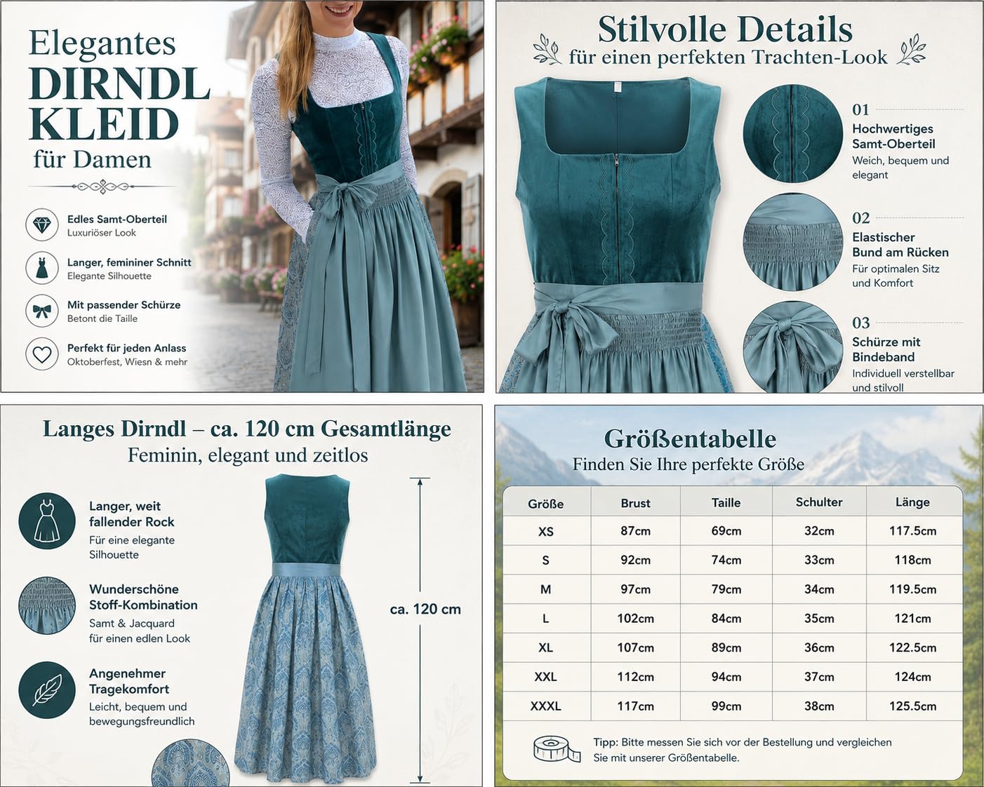Didadihu Dirndl Damen 2 Teilig Samt Lang mit Schürze, Modernes Blaues Dirndlkleid Trachtenkleid, Elegantes Traditionelles Oktoberfest Outfit, Trachten Kleid Trachtenmode