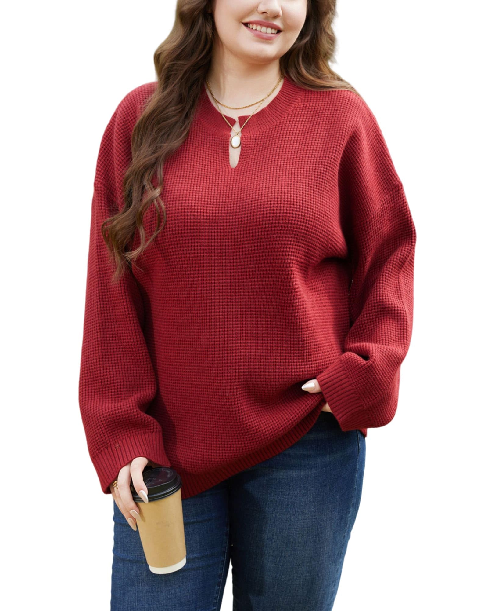 Plus Size Womens Sweaters Casual Drop Shoulder Long Sleeve V Neck Pullover Tops