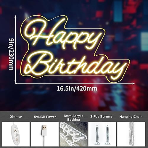 Miniatura 5 de Decorative Signage - 16.54x9.06in Acrylic Birthday Neon Sign, Warm Light, Reusable, USB Powered, Dimmable, Wall Mount, Includes Chain, Screws, Hooks