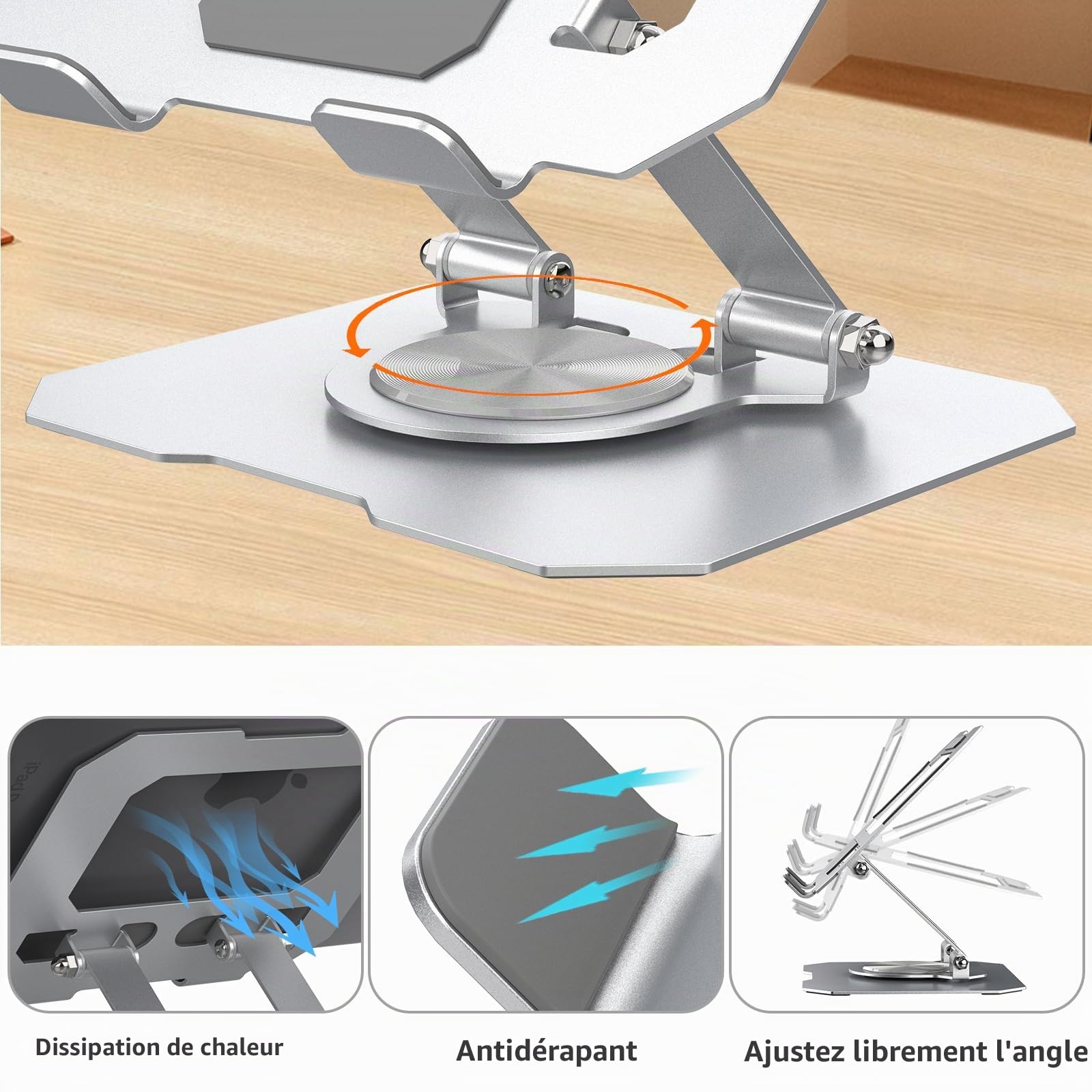 Bighan 360° Support Tablette Argent, Pliable Support Tablette Bureau Accessoires pour Tablette/PS/mobilephones/Switch 4,7" - 12,9"