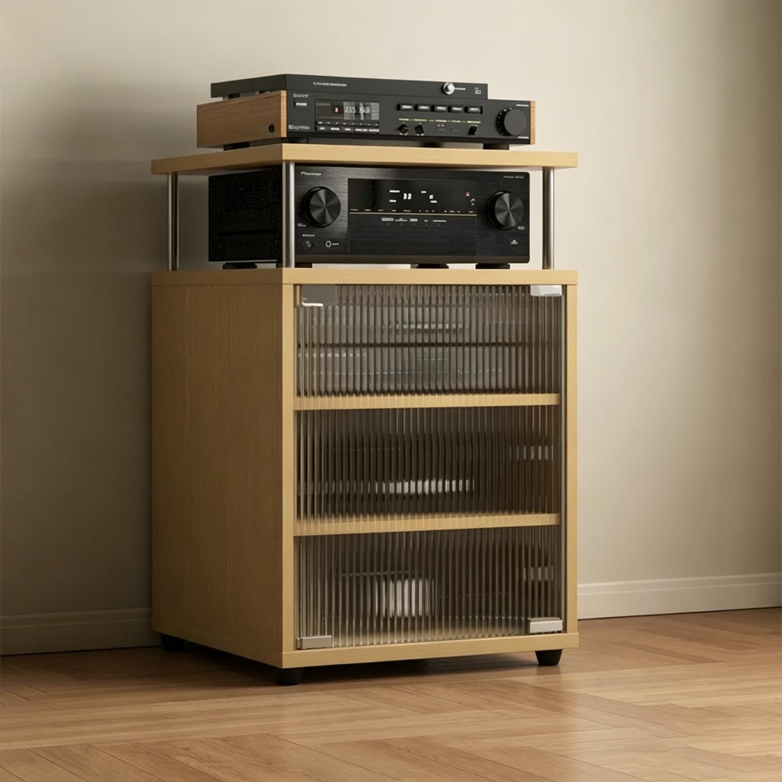 Mobile audio legno, supporto multimediale porta vetro, ripiani