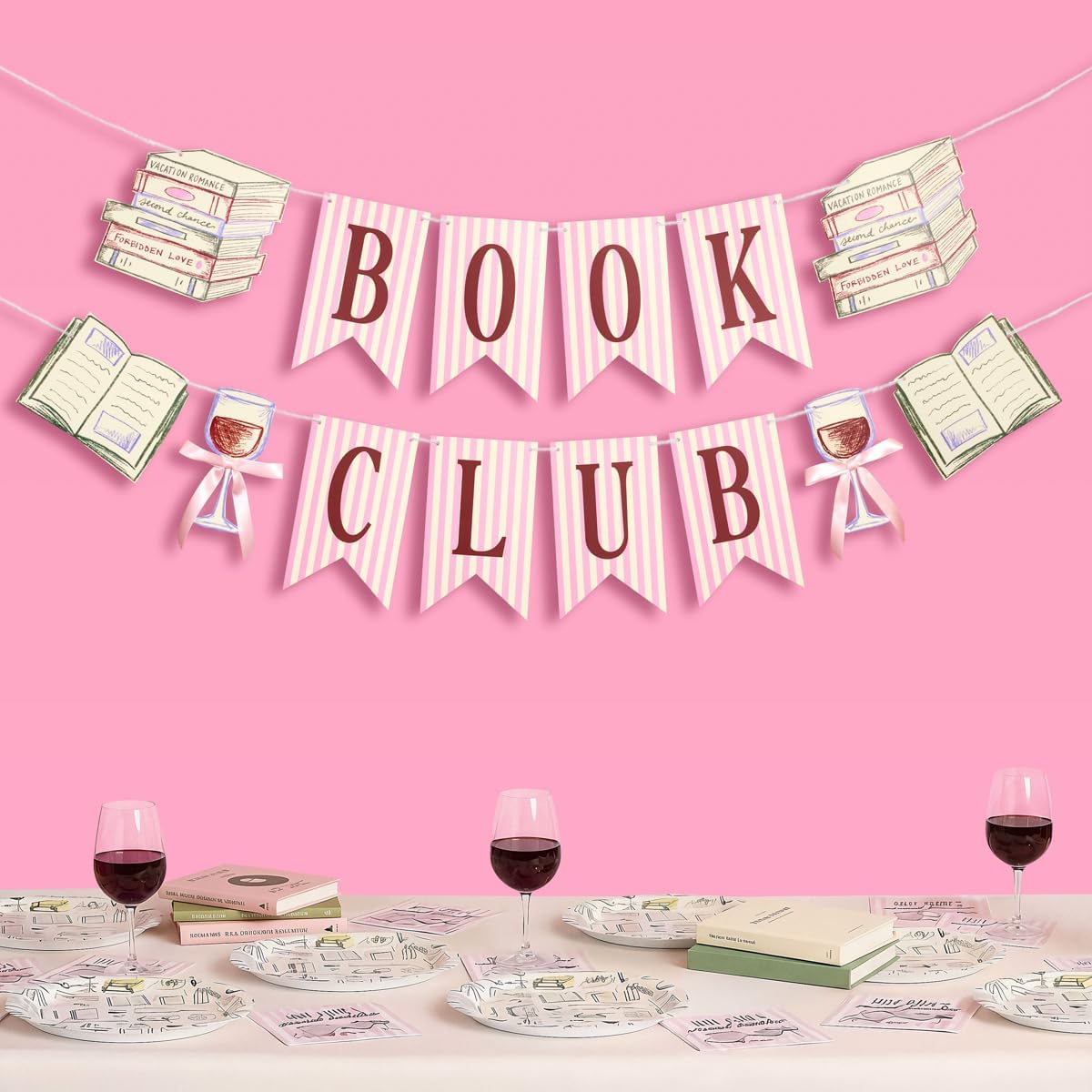 xo, Fetti Book Club Banner | Girls Night Decor, Book Lover Party, Wine Night Decorations, Pink, Literary Party Supplies, Book Party, Girly