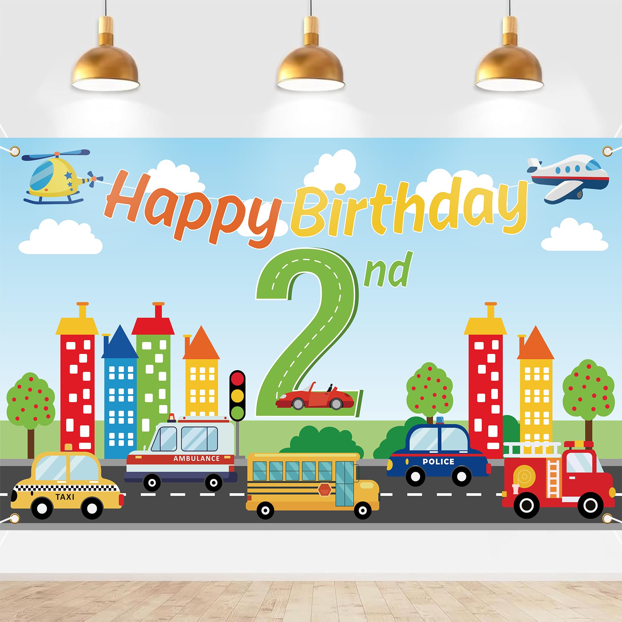 2nd Birthday Decorations Banner Car - 1 Pc 180 * 110cm Construction Themed Party Decoration Backdrop with Fire Truck Ambulances Police Cars School Buses for 2 Year Old Boy Girl Birthday Supplies