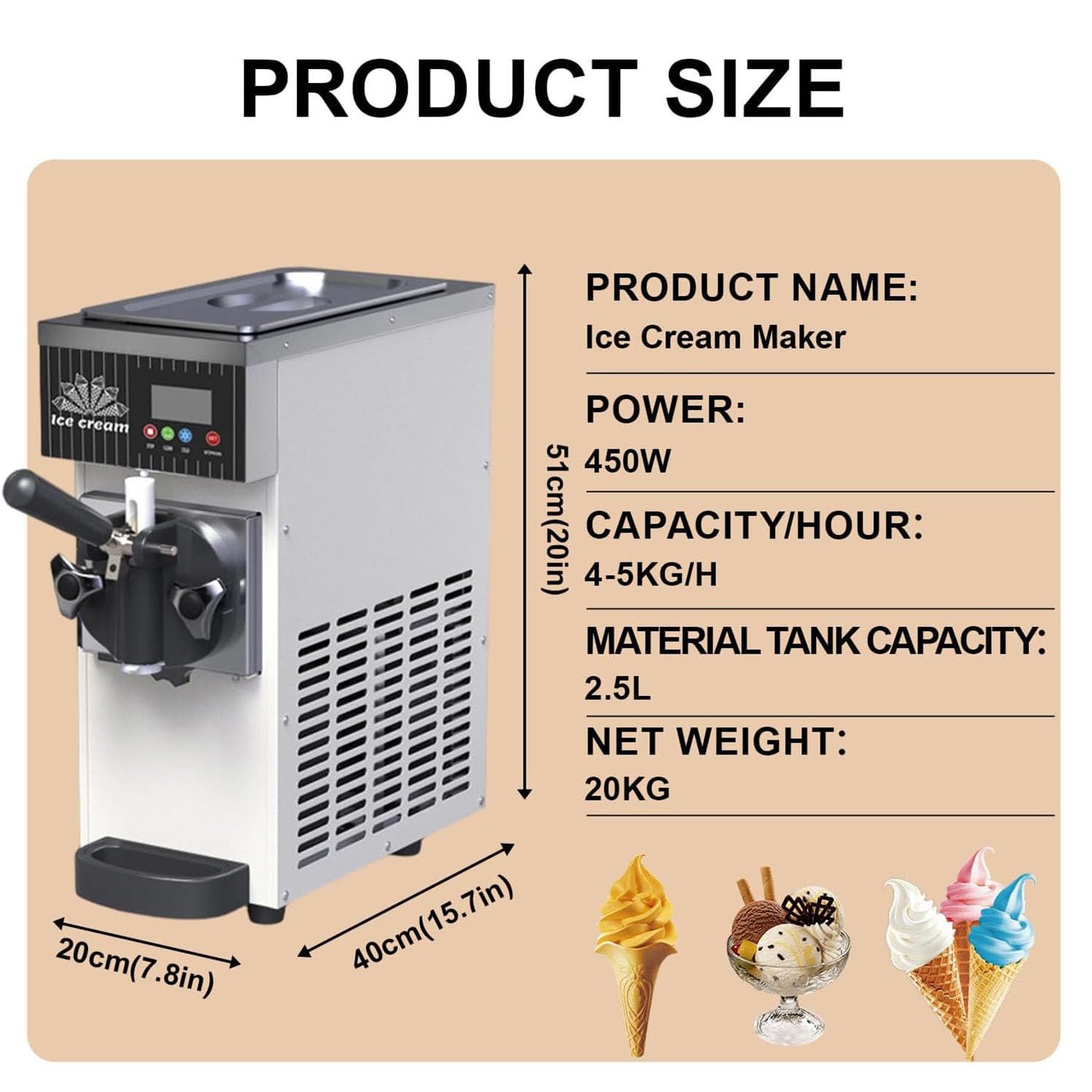 750W/450W Máquina de Helados Soft Heladera Máquina De Helados Comercial con Autolimpieza Panel LCD para Restaurantes Bares Y Cafeterías,Gris