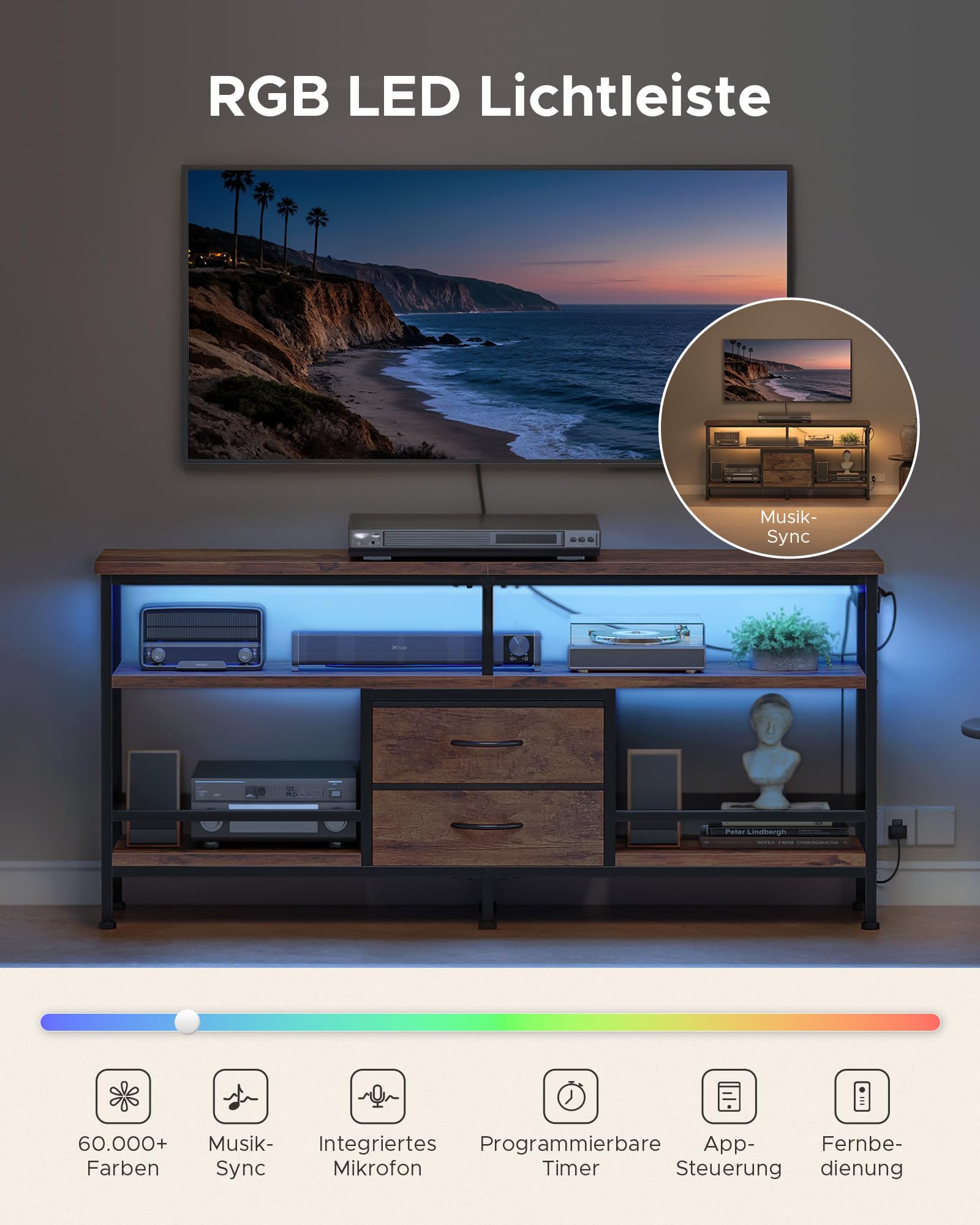 CO-Z TV-Schrank, Lowboard für Fernseher 109–165 cm, 140×40×60 cm mit LED-Beleuchtung, Abnehmbarer Ladestation, offenen Regalen & Stoffschubladen
