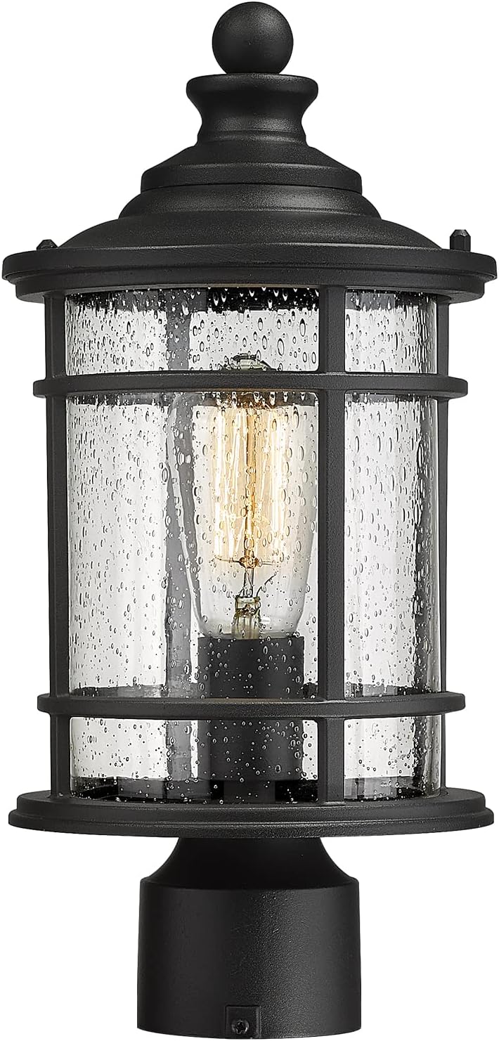 Emliviar Outdoor Post Light Fixtures, 15 Inch Farmhouse Modern Lamp Post Lighting for Outside, Black Finish with Seeded Glass, XE229P BK
