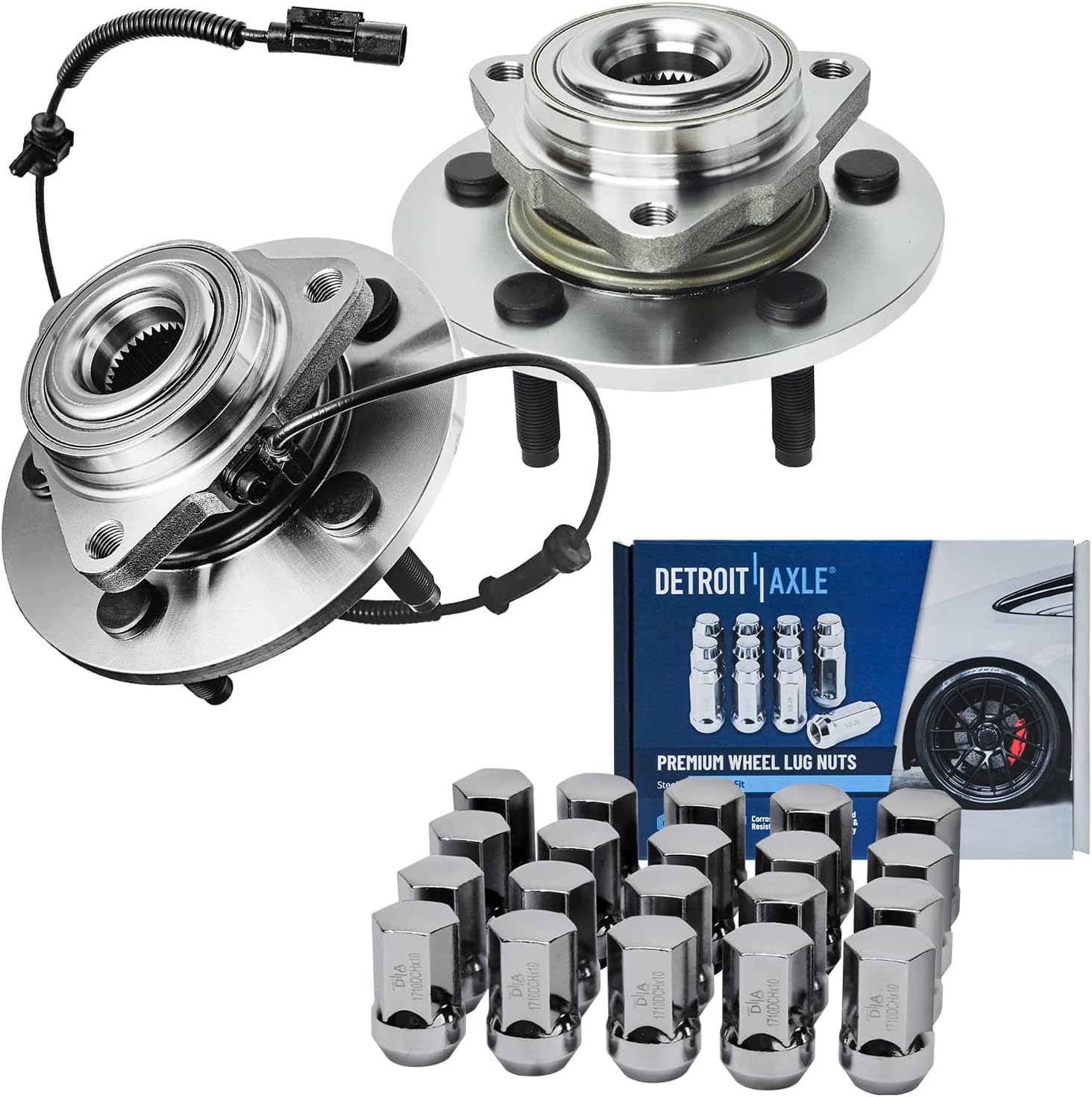 Detroit Axle - Front Wheel Bearing Hubs Kit for 2006 2007 2008 Dodge Ram 1500 [5 Lugs], 2 Wheel Bearing Hubs Assembly 20 Chrome Wheel Lug Nuts Replacement