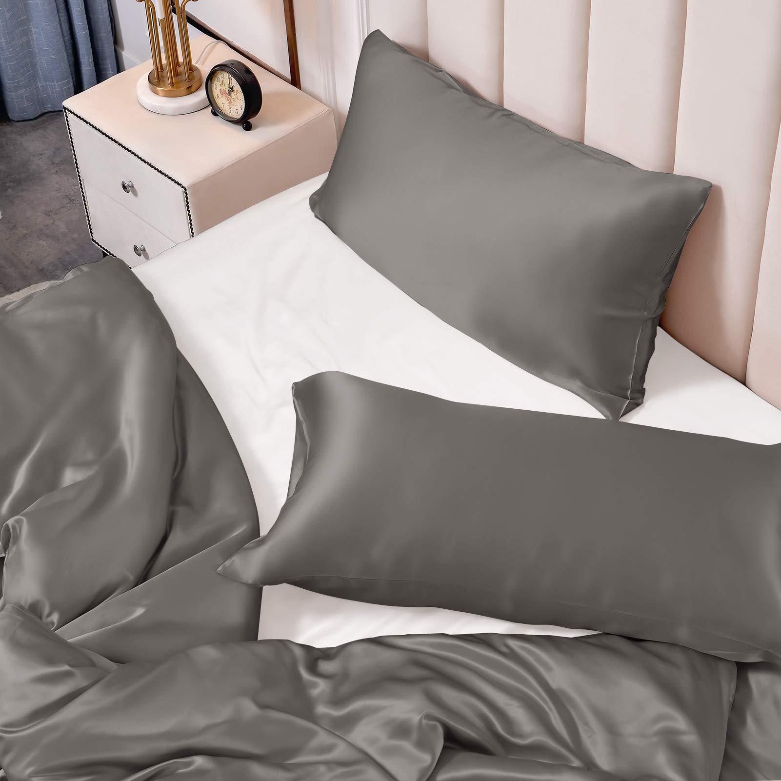 THXSILK 25 Momme Seidenbettwäsche Set 3 teilig, Bettbezug 200 x 220 cm und 2 Kissenbezüge 40 x 80 cm, Hypoallergen Maulbeerseide Bettwäsche Set, Ultra Weich und Glatt, Holzkohle