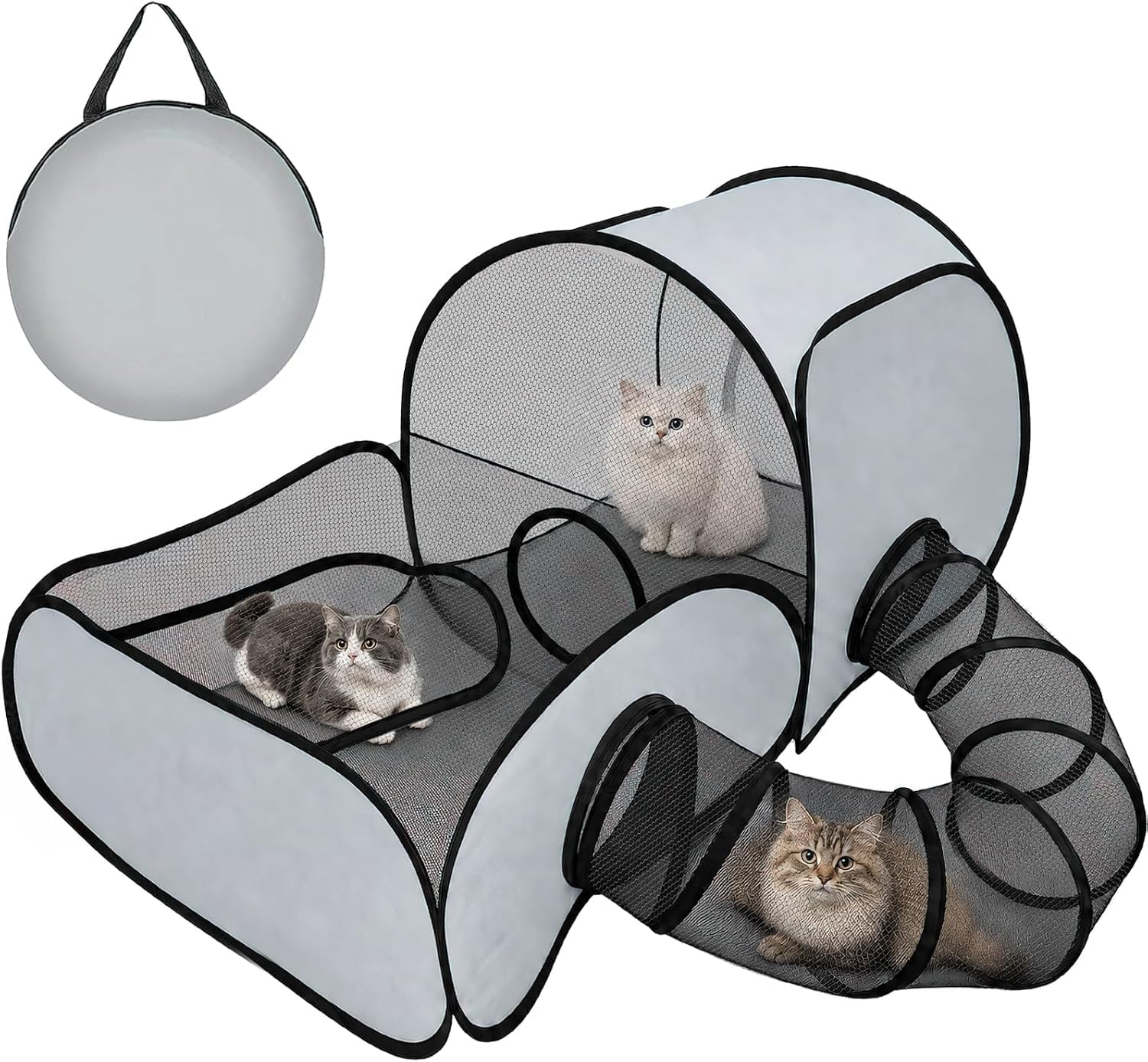 Katzenlaufstall mit Tunnel, faltbares Katzengehege, Katzenspielzelt Grau