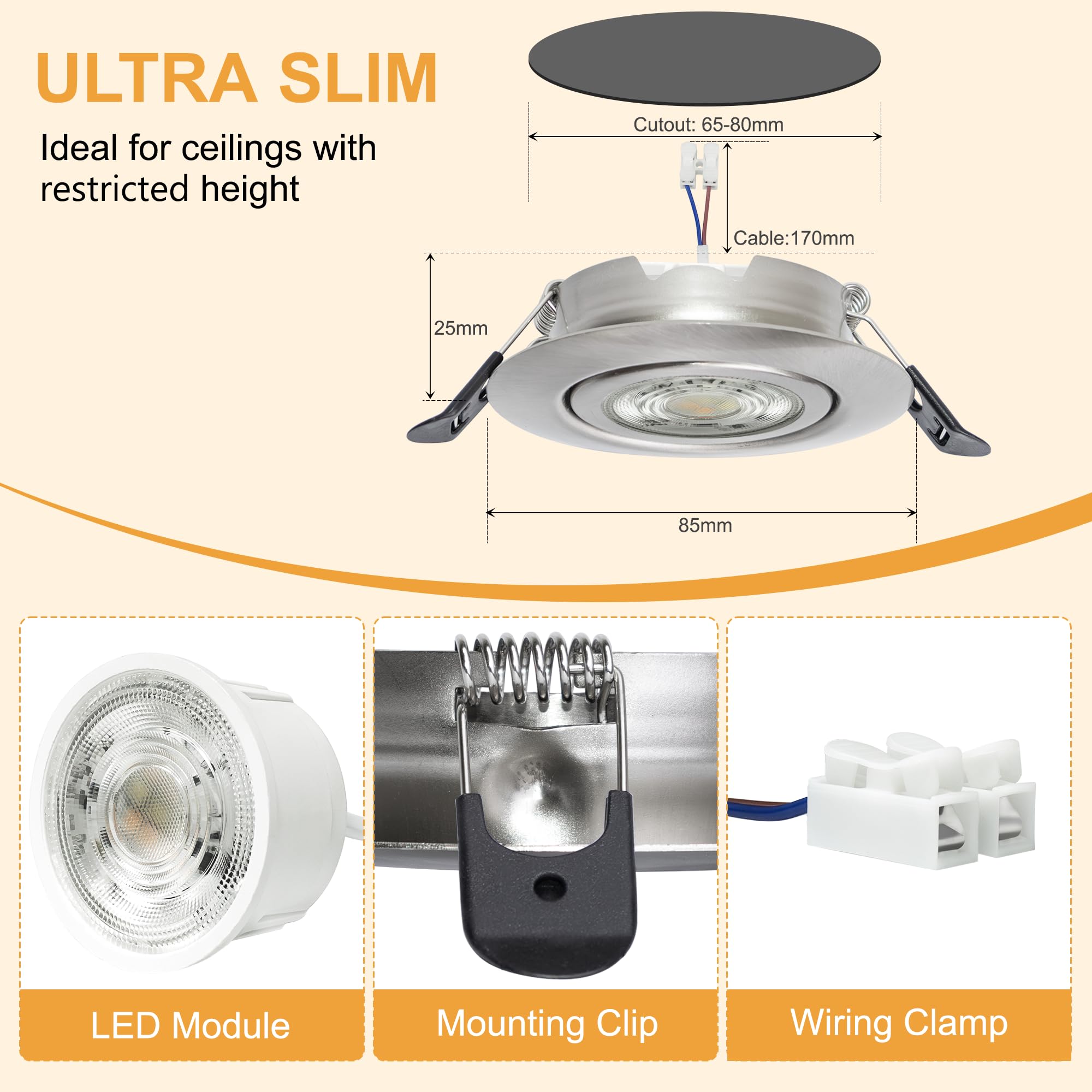 LED Einbaustrahler 230V Dimmbar 68mm 5.5W IP44 LED Spots Ultra Flach Deckenspots 45° Schwenkbar Einbauleuchten Warmweiß Neutralweiß Kaltweiß Einbauspots für Bad Wohnzimmer, Nickel 6er Set