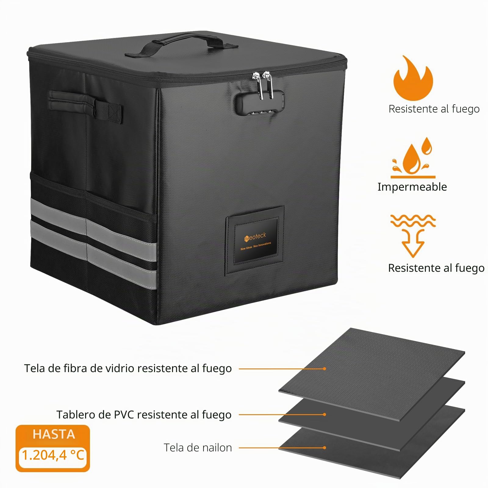 Neoteck Caja de Almacenamiento de Discos de Vinilo Ignífugo con Cerradura de Combinación, Bolsillo de Malla y Tiras Reflectantes para Djs y Entusiastas