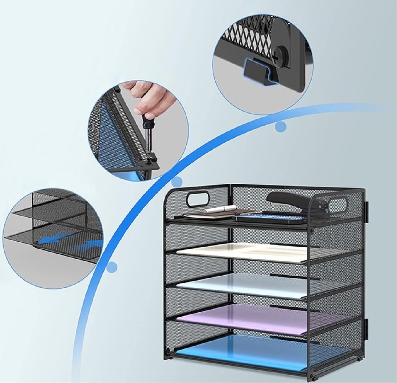 Porta Oggetti da Scrivania Organizzatore Da Scrivania In Rete Organizzatore Di File Da Tavolo Con Selezionatore Di Scaffali A 5 Livelli Con Maniglie Laterali Organizzatore Scrivania(Black)