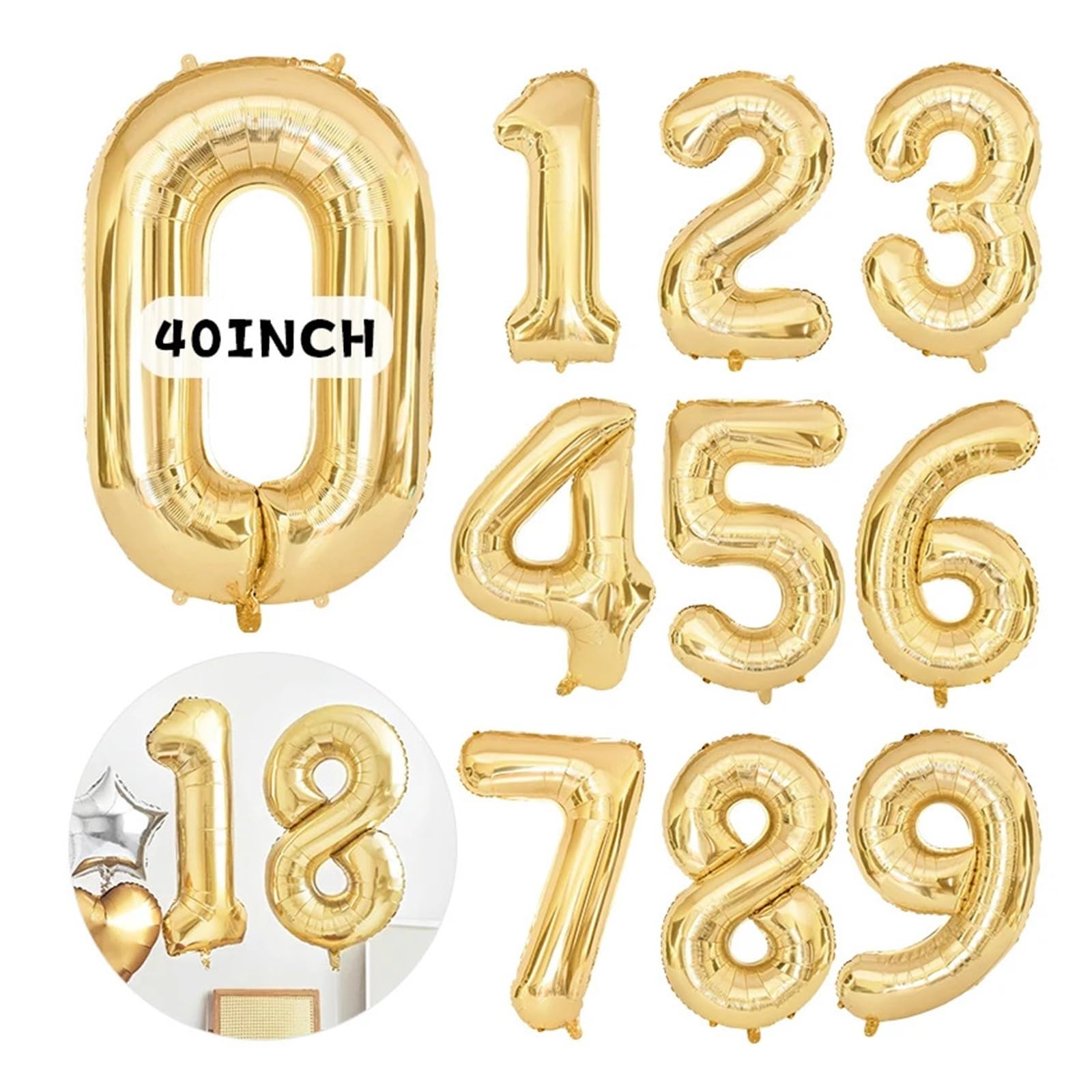 Folienballons, 50 Stück, 101,6 cm groß, weißgold, hellgold, digitaler Folienballon für Mädchengeburtstage, Helium, große Zahl 0–9, Ballon-Dekoration