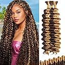 Human Braiding Hair for Boho Braids 20 Inch 120g Highlight Balayage Deep Wave Boho Bulk Human Hair for Braiding Knotless 12A Curly Wet and Wavy Bohemian Braids No Weft 3 Bundles 4/27 Color