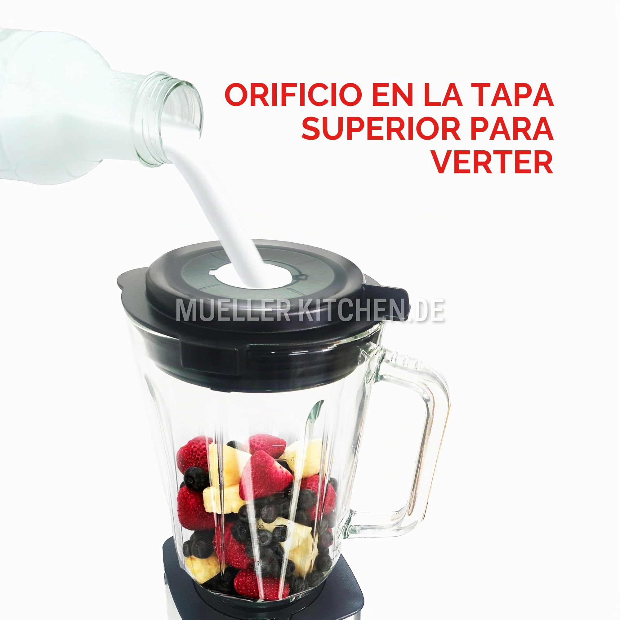 Muller Kitchen MK-6065 Batidora de vaso (1000W, Jarra de Cristal de 1,5L, Cuchilla INOX de 6 filos, 3 programas automáticos, 5 velocidades variables, Picadora de hielo, Carcasa INOX)