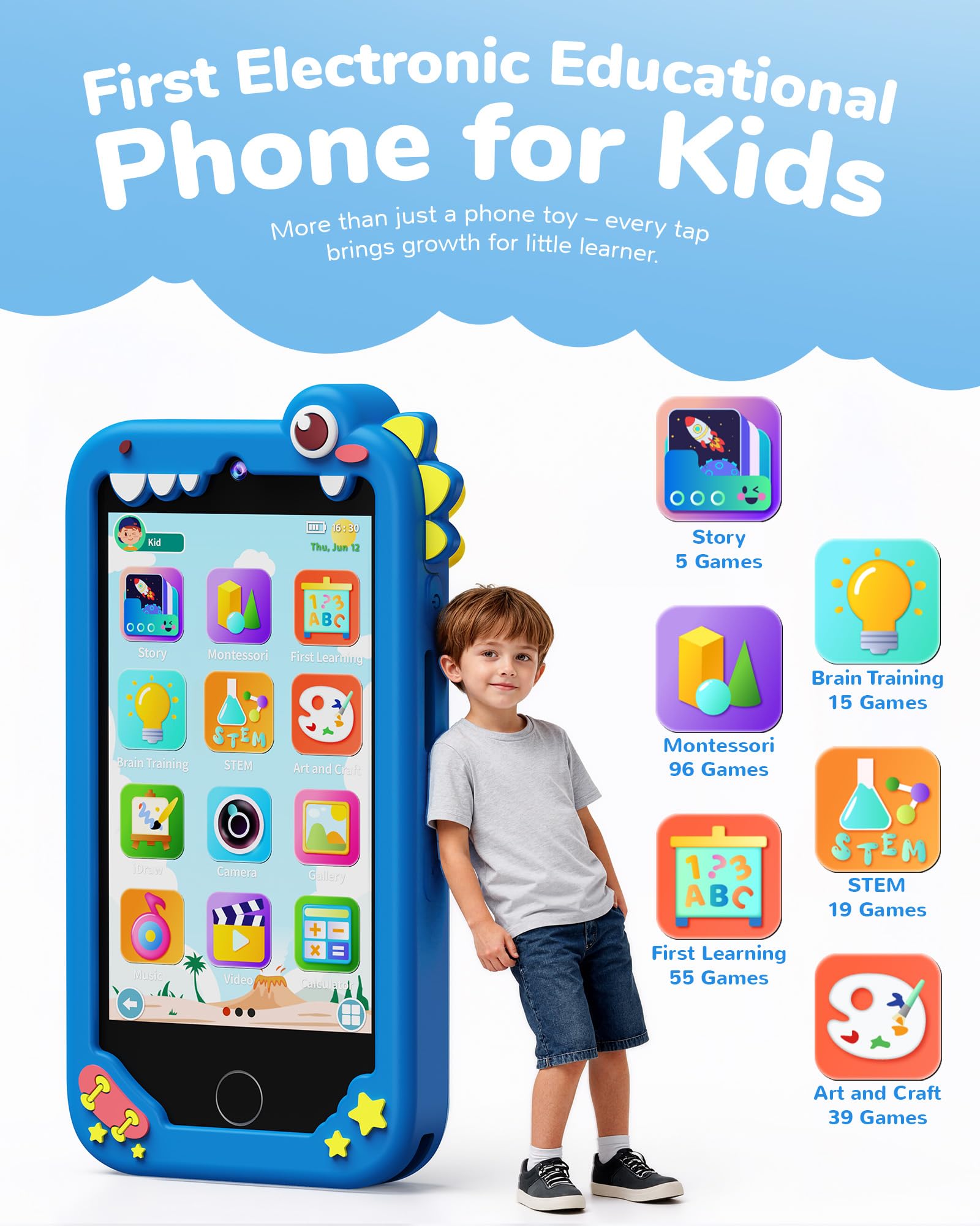 UCIDCI Smartphone Giocattolo Telefono per Bambini e Bambine, Cellulare con Doppia Macchina Fotografica Bambini, Giochi Educativi MP3, Regalo Bambina 3-8 Anni, Compleanno Pasqua (Blu, Schermo 4 poll.)