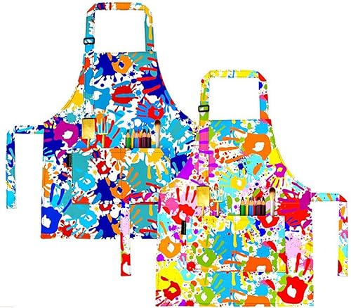 Paquete de 2 delantales infantiles para pintar, batas de arte para niños con bolsillos, bonitos delantales de cocina para niños pequeños, delantales