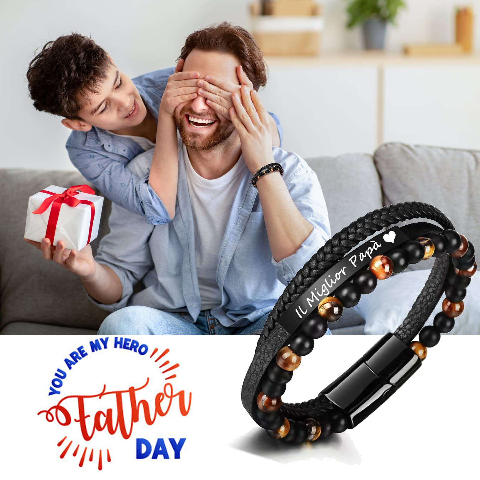 Jbniuay Regalo festa del papà Regalo Papà Bracciale Uomo DAD - Braccialetto uomo in Pelle con incisione “Il Miglior Papà” - Idee Regalo Papà Festa del Papà