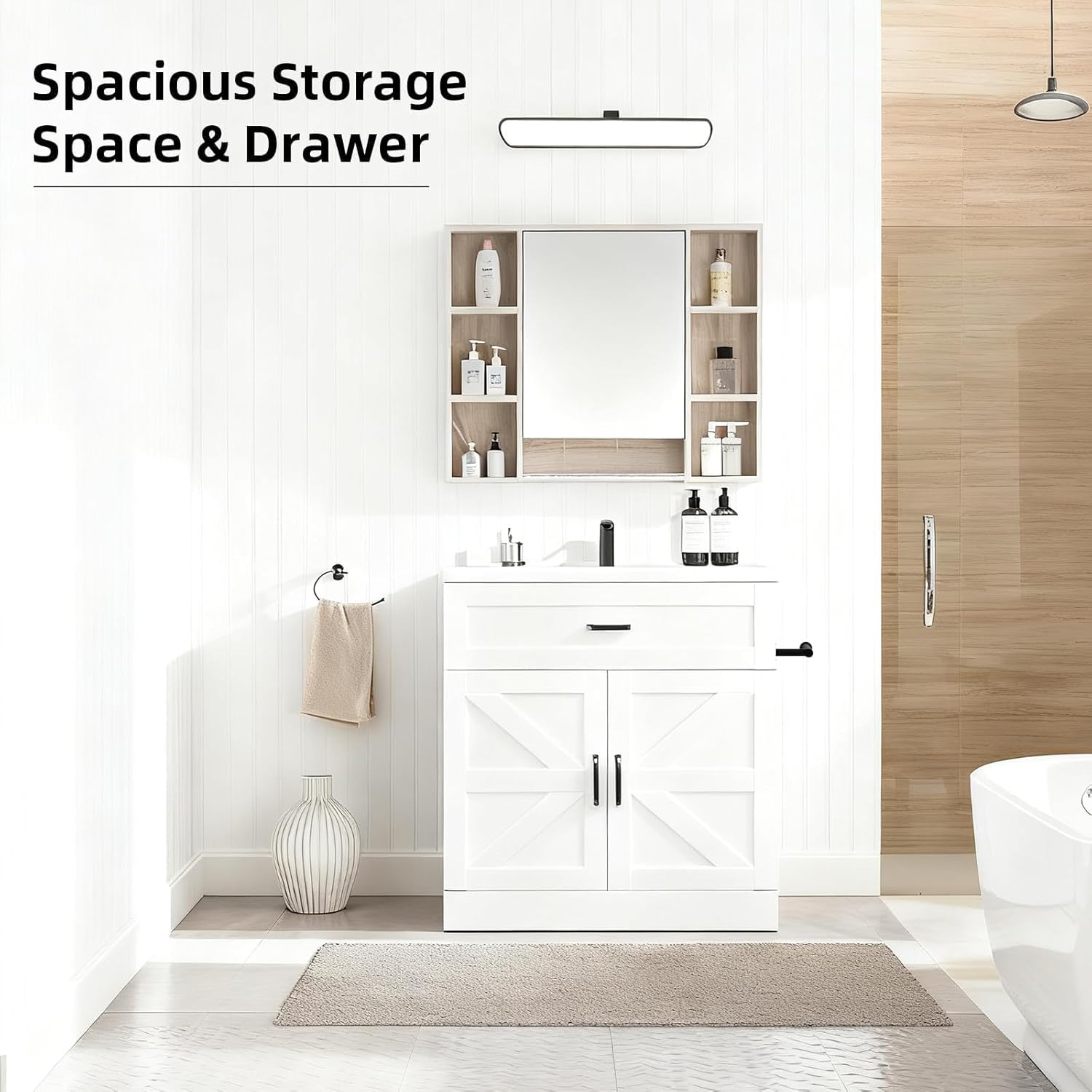 4ever2buy 31" Farmhouse Bathroom Vanity with Sink, Bathroom Vanity Cabinet with Drawer & 2 Barn Doors, Metal Handles, White