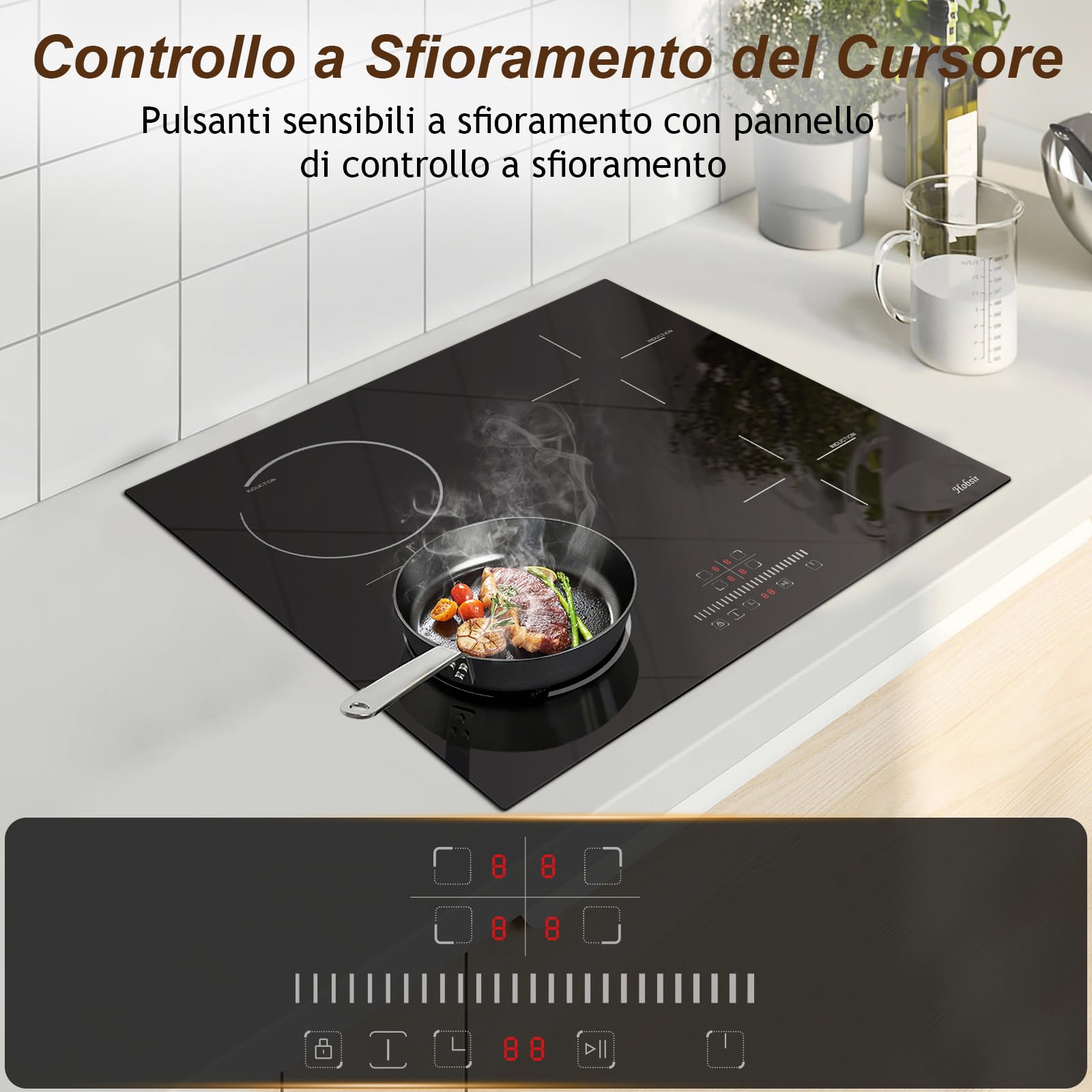 Hobsir Piano Cottura a Induzione con Spina, Piano Cottura Induzione 4 Fuochi, 3500W, Piano Cottura da Incasso Con Zona Flex, Blocco per Bambini, Comando Touch a Scorrimento