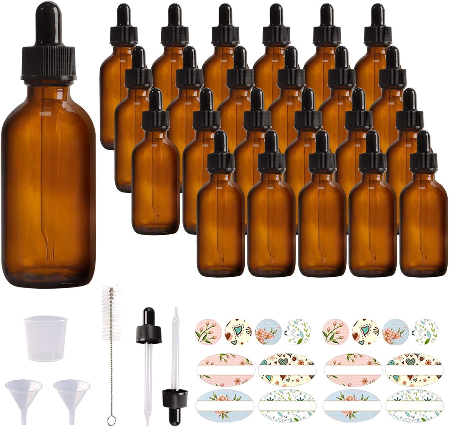 Confezione da 24 flaconi in vetro ambrato da 60 ml, con contagocce in vetro per oli essenziali, profumi (pennello, imbuti, 2 contagocce extra, 36 etichette e misurino da 30 ml inclusi)