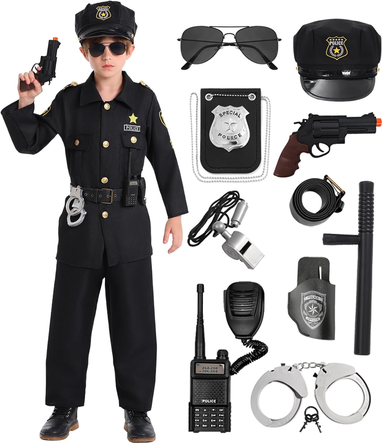 Police Costume for Kids Police Officer Costume for Boys Cop Cosplay Uniform Toddler Halloween Costumes with Gears