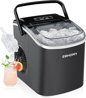 EUHOMY Eiswürfelmaschine Klein, 12KG Eiswürfelbereiter Ice Maker, 9 Würfel in 6 Minuten fertig, Schwarz Eiswürfelmaschine mit Tragbarem Griff, 12KG/24H, Selbstreinigendes Eiswürfelmaschinen