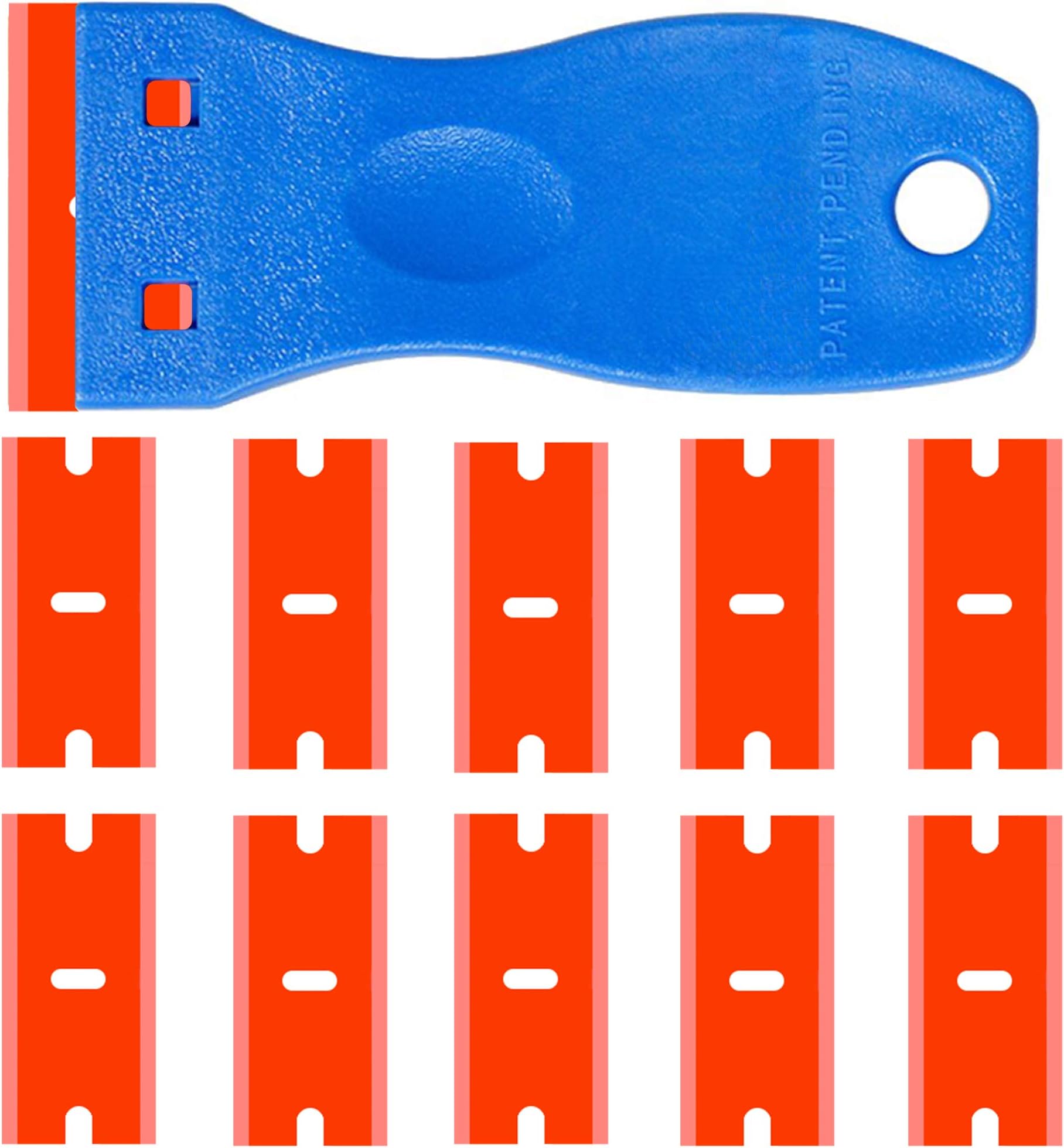 Double Edged Plastic Razor Blade Scrapers Knife with Contoured Grip for Scraping Labels and Decals Sticker From Glass, Windshields and Auto Window Tint Vinyl Tool Application(Scraper with 10 Blades)