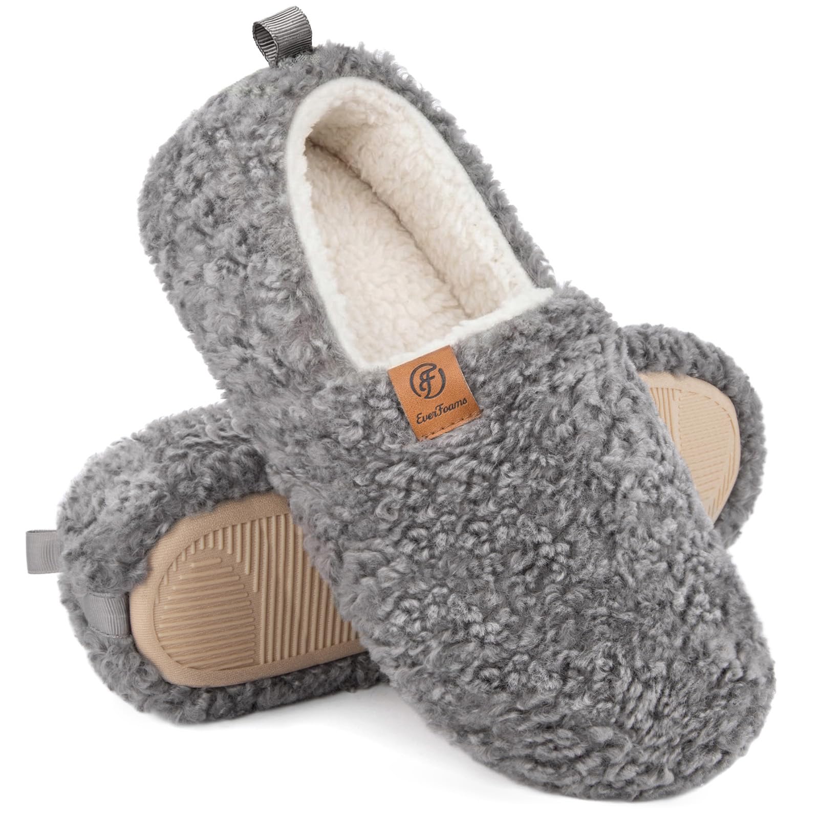 EverFoams Women’s Soft Curly Full Slippers Memory Foam Lightweight House Shoes Cozy Loafer with Polar Fleece Lining