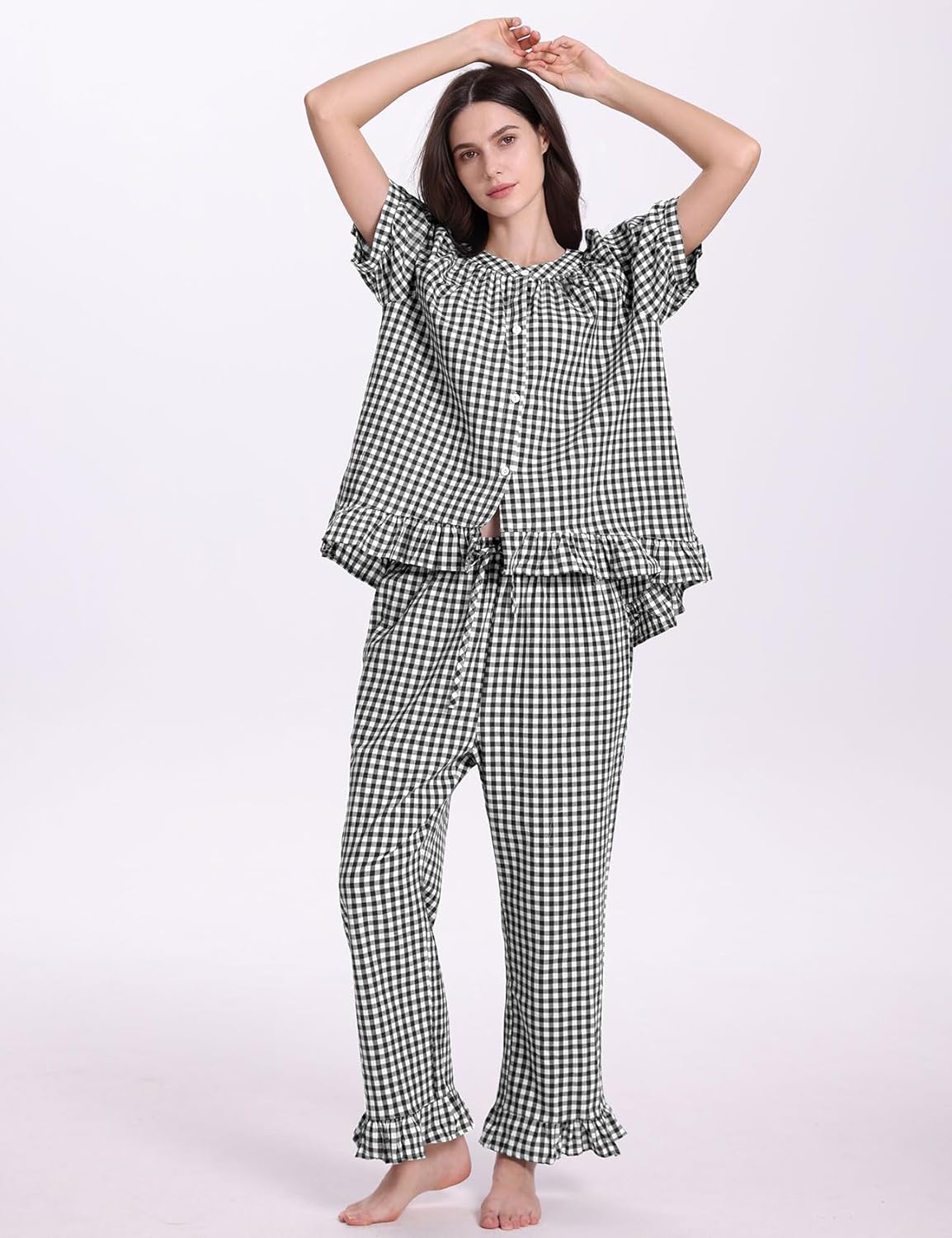 PEHMEA Womens Plaid 2 Piece Cotton Gingham Pajama Sets Short Sleeve Babydoll Shirt Ruffle Pants Y2K Lounge PJS Cute Sleepwear - Image 2